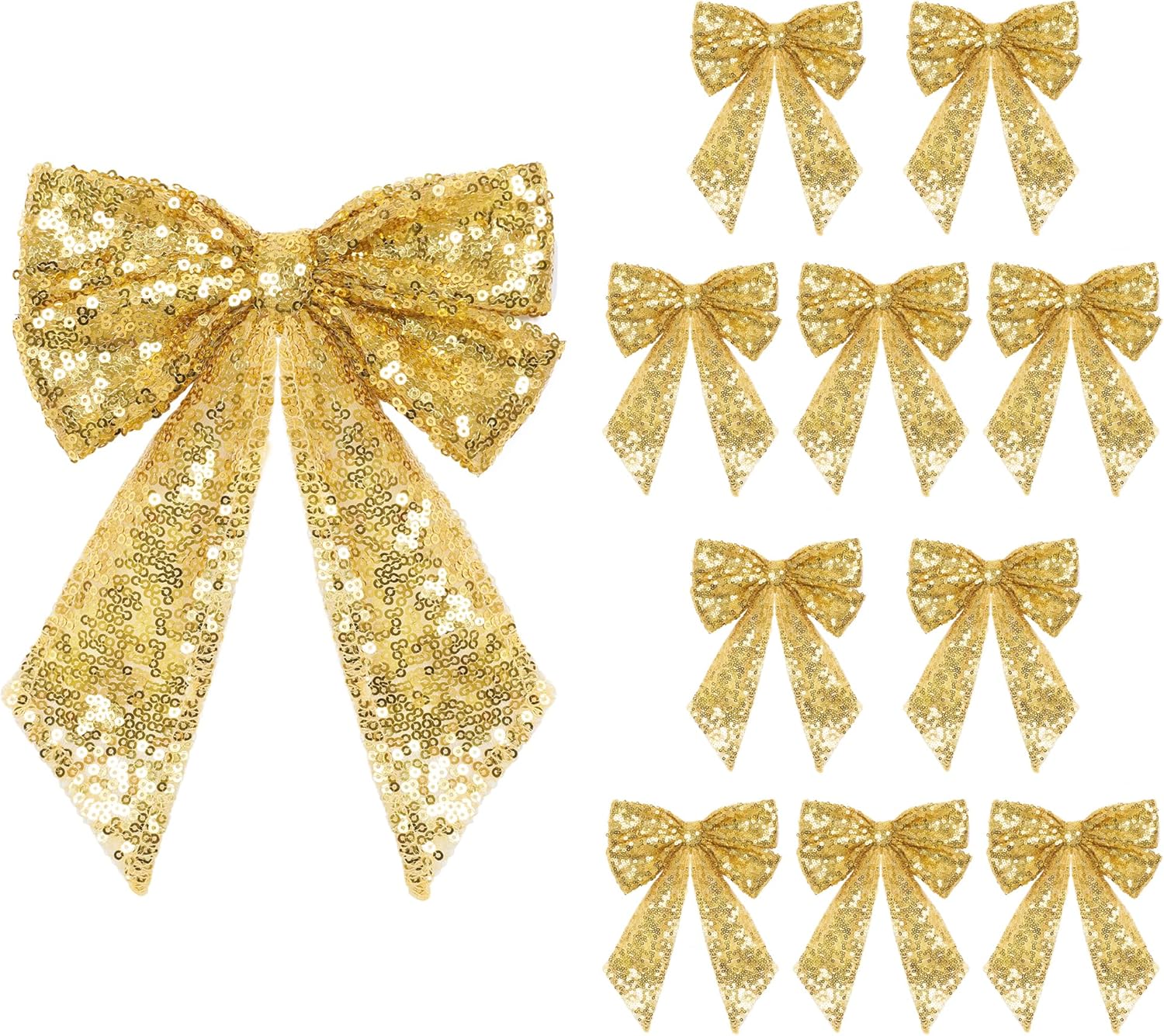 PartyDelight Bow Decor Gold 10Pcs Sequin Christmas Tree Bows 6x8Inch Ribbon Tie for Xmas Birthday Party Room Decorations Coquette Backdrop Wall Decors
