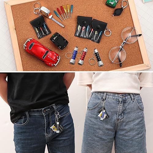 Miniatura 5 de Jutom 144 llaveros de cinta métrica, mini destornillador, llavero con luces LED, juego de llaveros retráctiles, herramienta de cinta métrica,