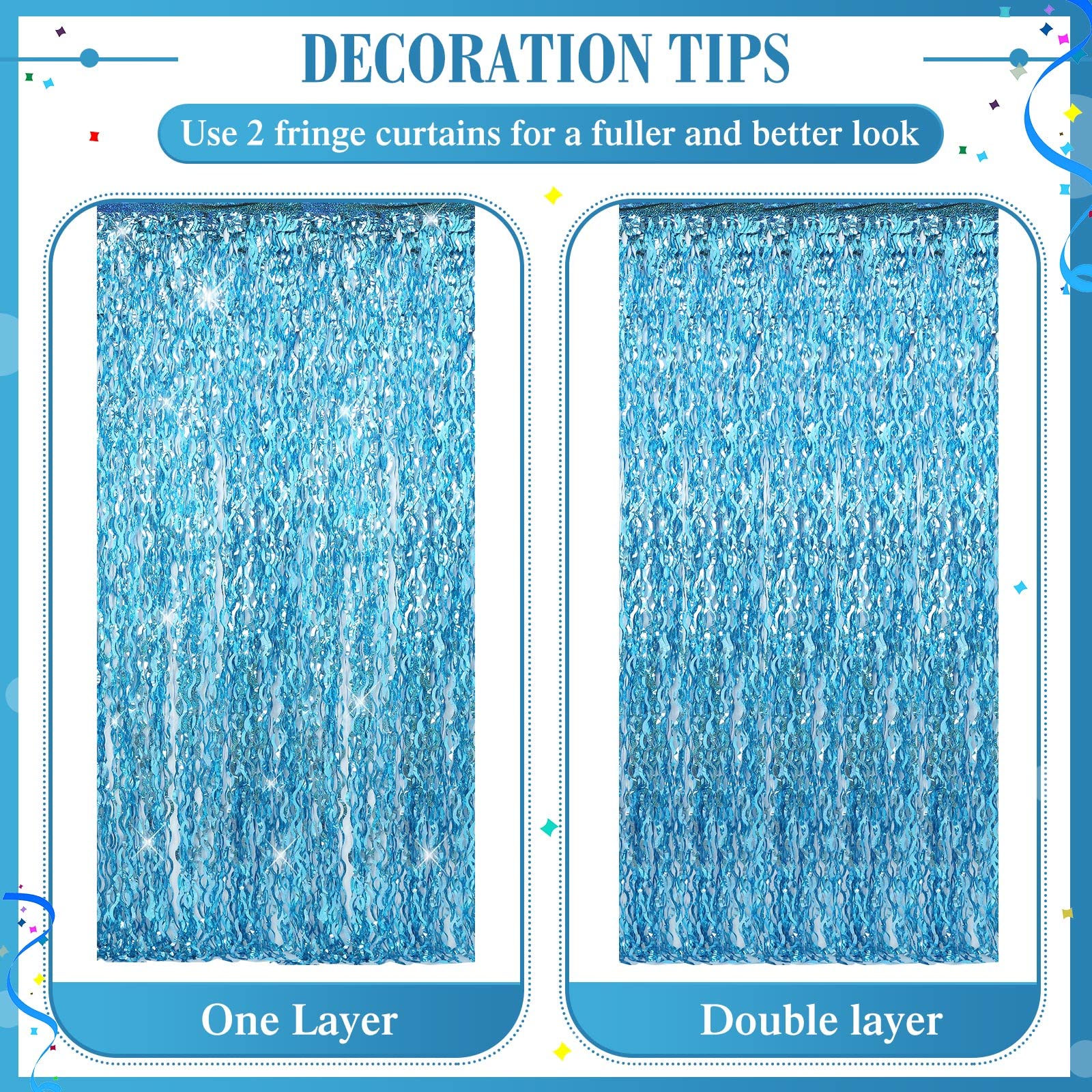 Newwiee Lot de 10 Rideaux à Franges ondulées en Feuille d'aluminium métallique pour décoration de fête d'anniversaire, de Enterrement de Vie de Jeune Fille et de Photo - Bleu - 1 x 2 m