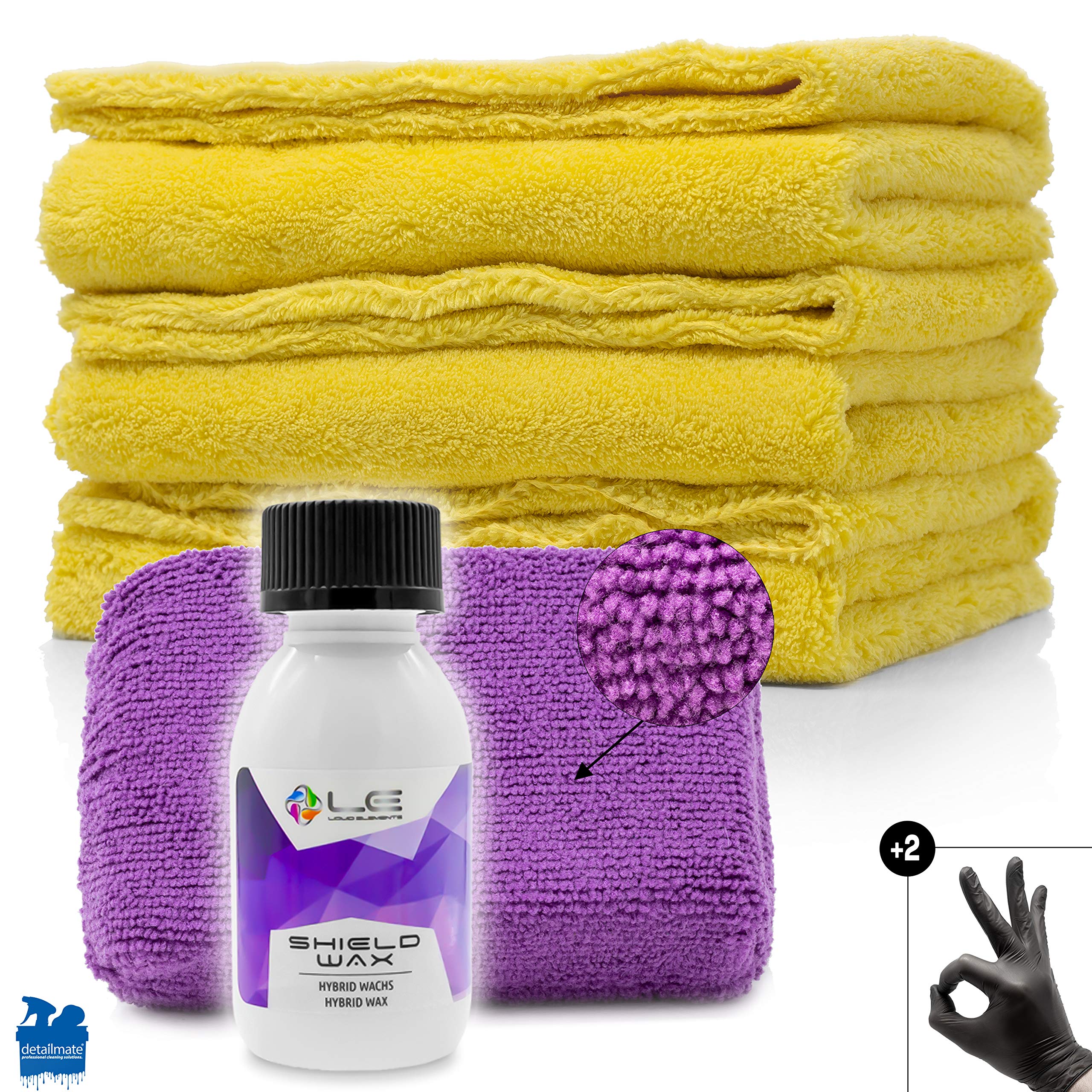 Detailmate - Set de sellado para el cuidado del coche Liquid Elements: sellador de cerámica Shield Wax, cera carnaúba 100ml, aplicador de esponja y 3 paños de pulido para la aplicación + 2 guantes