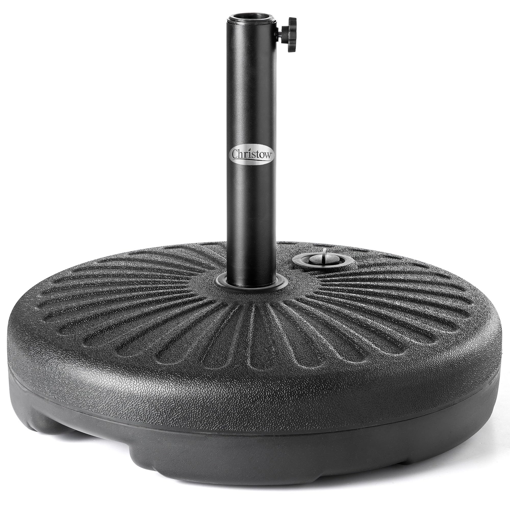 Christow Black Parasol Base 35Kg, Heavy Duty Round Plastic Garden Umbrella Holder Stand, Water Sand Filled, For 38Mm And 48Mm Poles