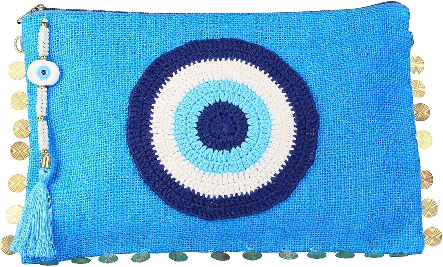 Evil Eye Handmade EGE Jute Clutch Purse Bag Eco Friendly Gift for Women Turquose Handheld Hessian Bag Natural Burlap Handbag