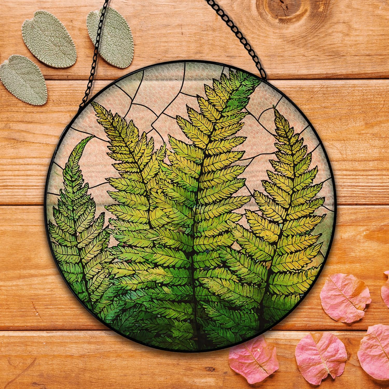 Fern Plant Suncatcher Stained Glass Window Hanging, Plant Lovers Gifts Sun Catchers Indoor Window Glass Round Wall Decor, Fern Plant Botanical Wall Art Hanging Decorations, ＂7.8x7.8＂