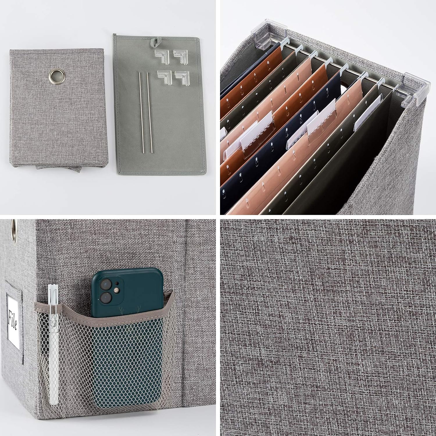 Linen File Boxes with Metal Sliding Rail for Letter Size [1pack] File Storage Box with Extra Pocket Storage Collapsible Hanging File Storage Organizer Storage Filing Boxes File Organizer Box (1)