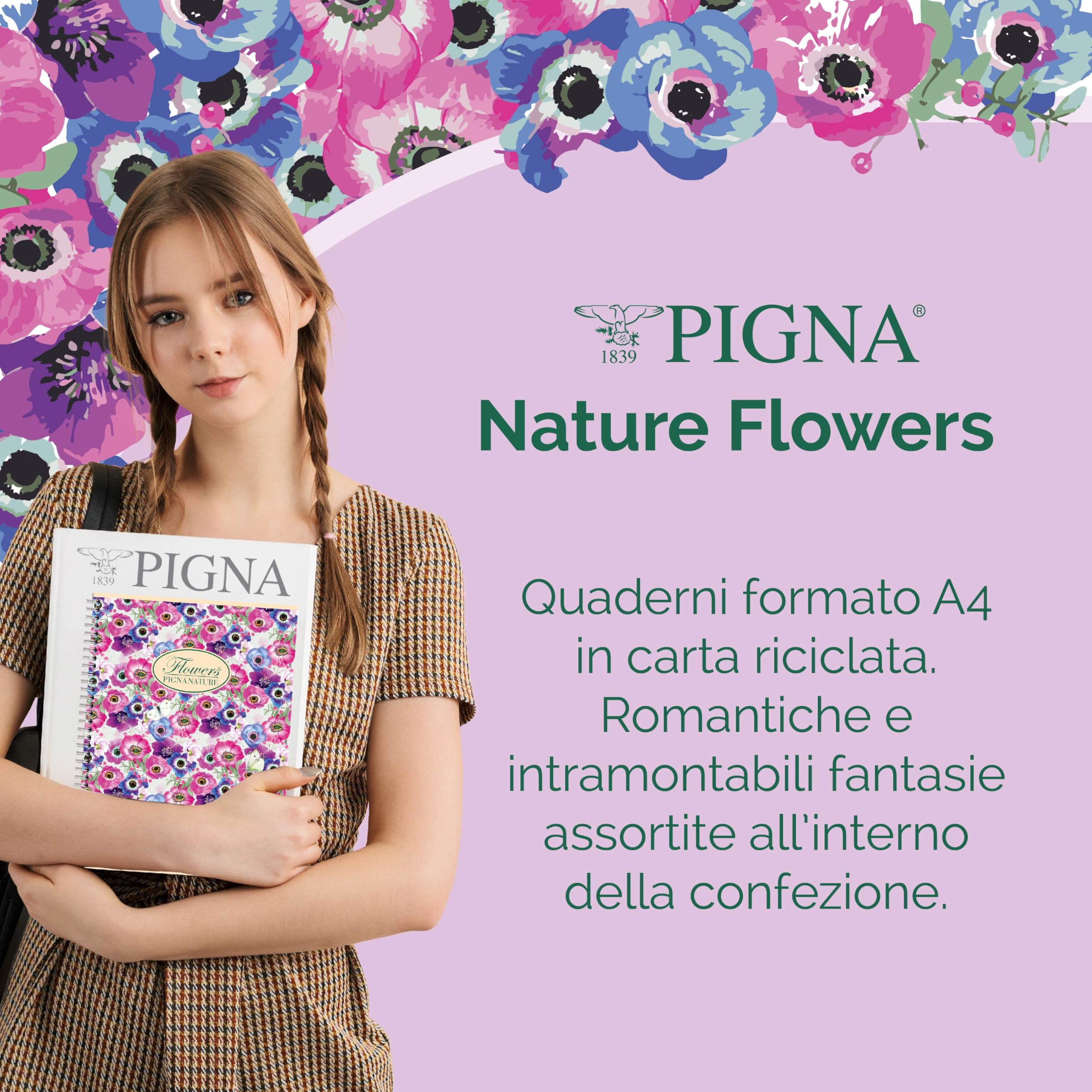 Pigna Maxi Quaderni Nature Flowers A4 21x29,7 cm 1R Righe 80 gr Carta Riciclata 10 szt