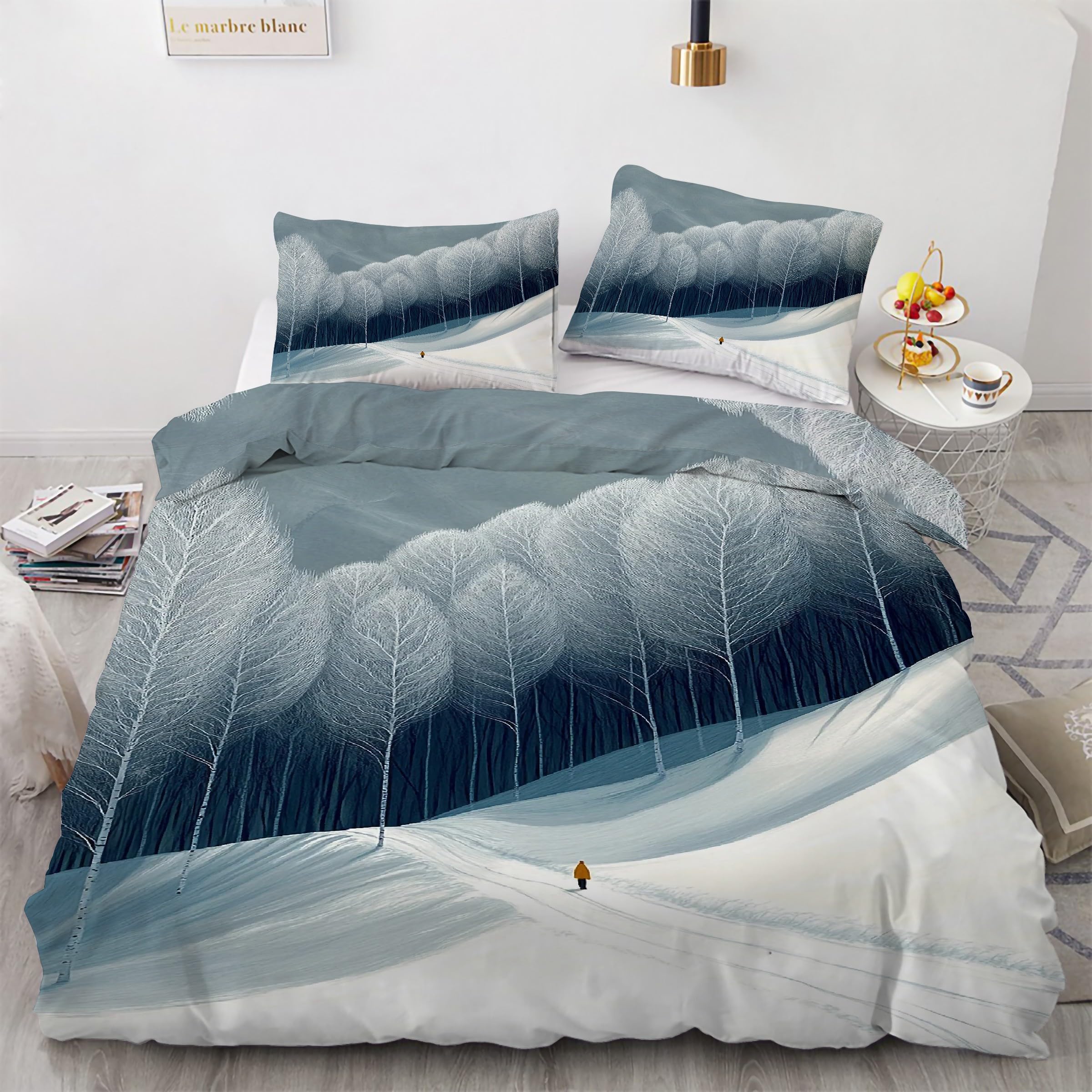 Parure de lit 90x190 neige avec housse de couette arbre en microfibre douce et taies