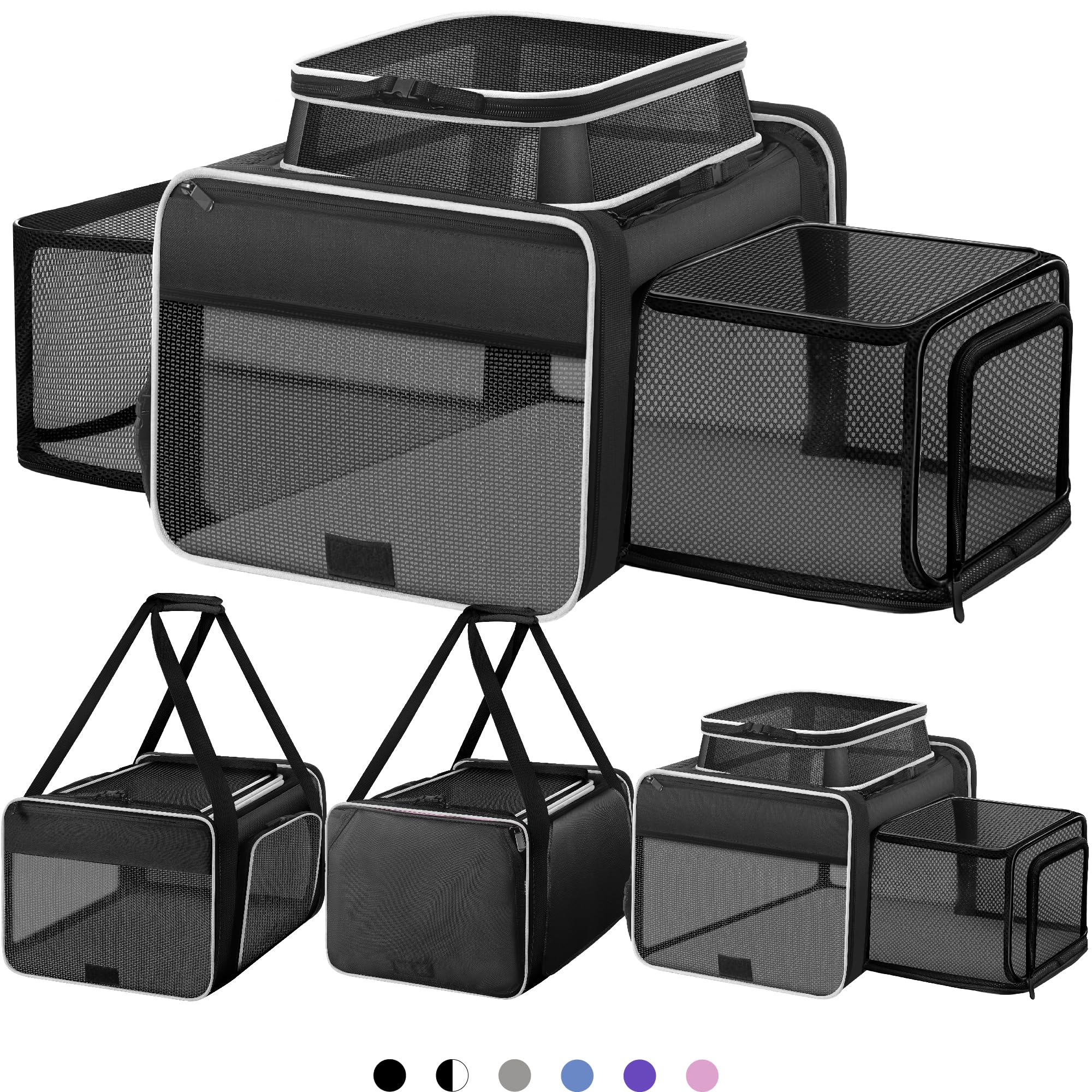 Top and 2 Sides Expandable Pet Carrier 17x11x9.5,TSA Airline Approved Small Dog Carriers for Small Dogs,Soft-Sided Cat Carrier with Self-Locking Zippers for Kitten,Rabbit,Puppy,Guinea Pig Black White