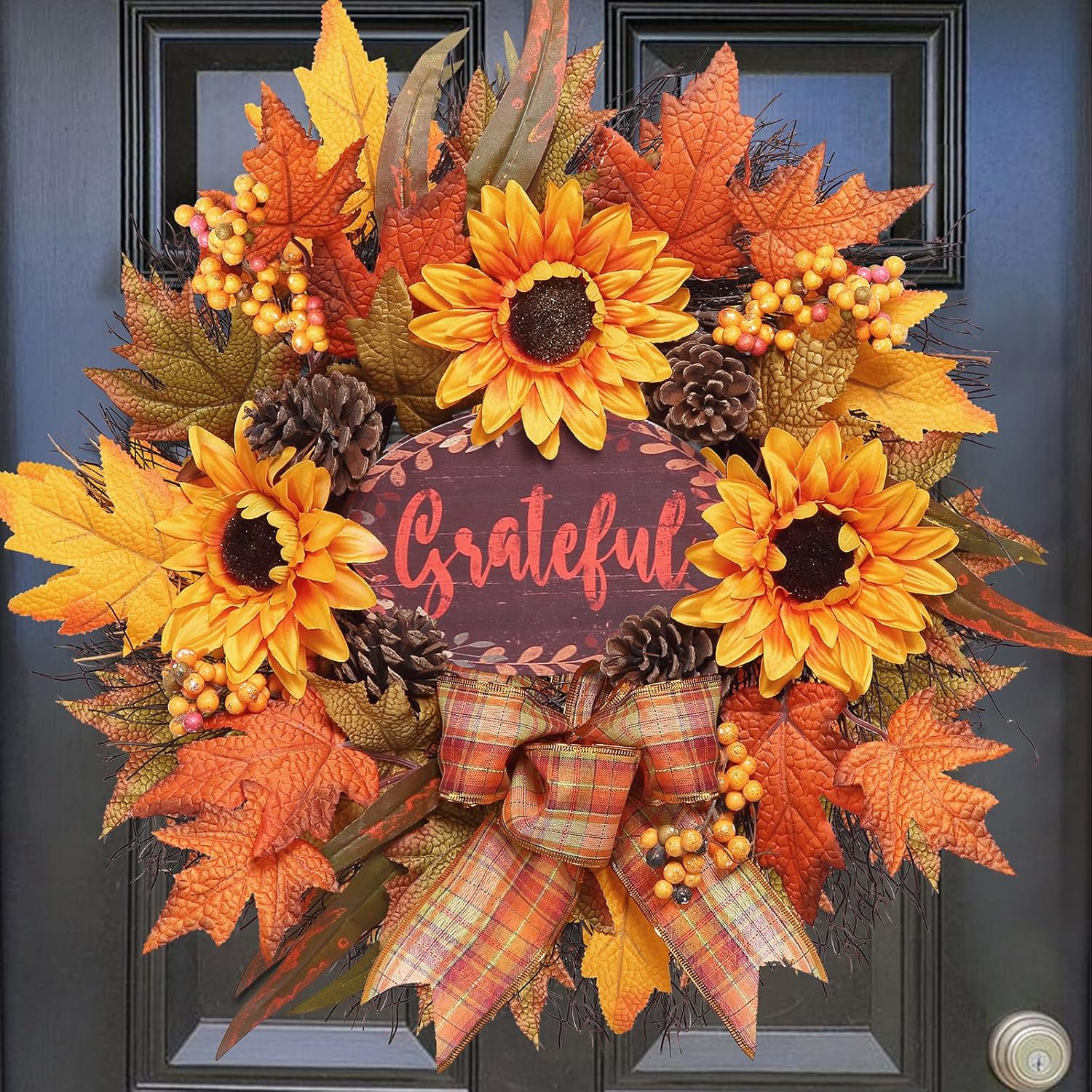 Fall Wreath for Front Door, 20 inch Autumn Sunflower Wreath, Harvest Decor for Farmhouse Outdoor Porch,Thanksgiving Wall Decorations for Home,Fall Indoor Decor with Fall Leaf,Sunflower