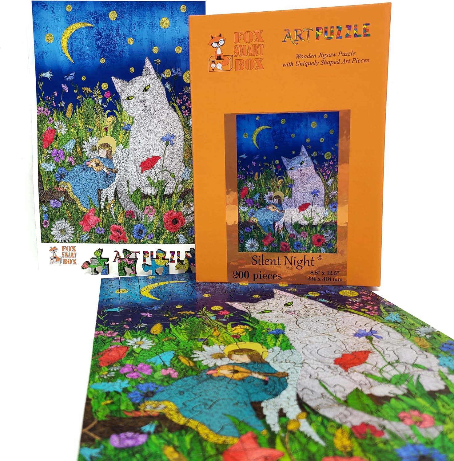 Wooden Jigsaw Рuzzle for Adults - Uniquely Shaped Pieces - Made in The USA by FoxSmartBox - 200 Pieces - Silent Night