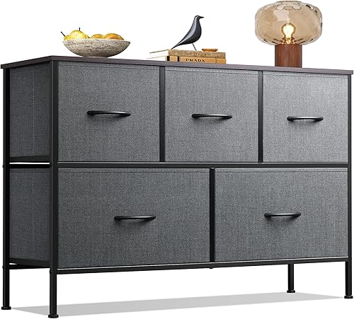 WLIVE - Cómoda para dormitorio con 5 cajones, torre organizadora de almacenamiento larga, cómoda de tela, unidad de cajones de almacenamiento con