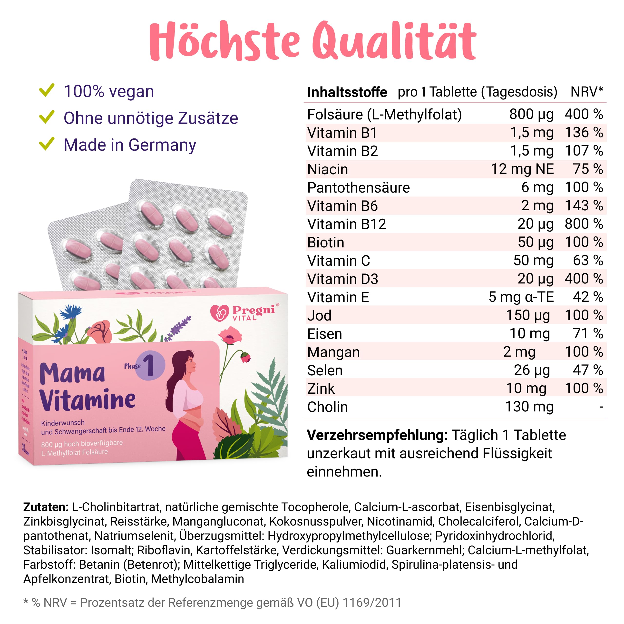 PregniVital Phase 1 Schwangerschaftsvitamine 1. Trimester bis 12. SSW – Folsäure Schwangerschaft, Kinderwunsch Vitamine, Cholin Schwangerschaft - 30 Tabletten