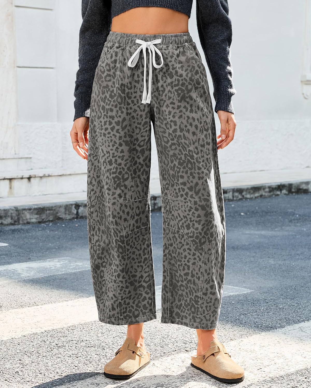 GRAPENT Barrel Jeans for Women Trendy High Waisted Pull On Wide Leg Cropped Leopard Cheetah Print Stretchy Denim Pants - Image 2