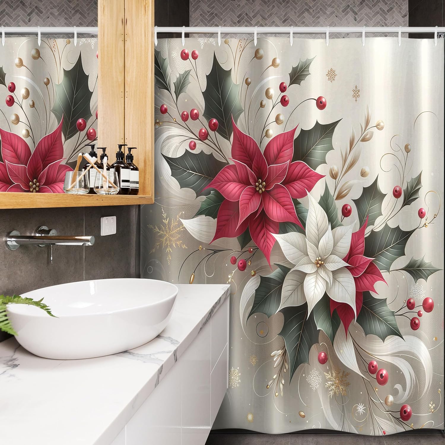 Ambesonne Christmas Stall Shower Curtain, Traditional Xmas with Poinsettia Flowers Ornate and Snowflakes, Fabric Bathroom Decor Set with Hooks, 54" W x 78" L, Pale Vermilion and Grey Teal