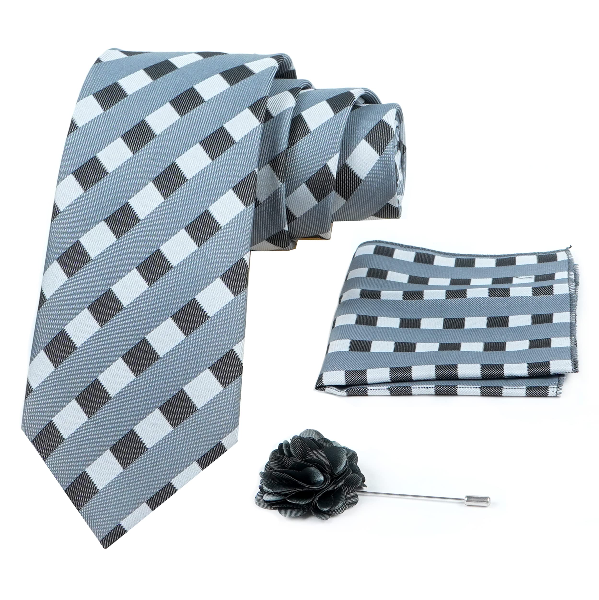 axlon Mens Plaid Micro Self Silk Necktie Gift Set With Pocket Square & Brooch Pin Tie for Men Formal Tie Set with Box (Pack of 3) (Grey, 2022AX_32)-picture-39