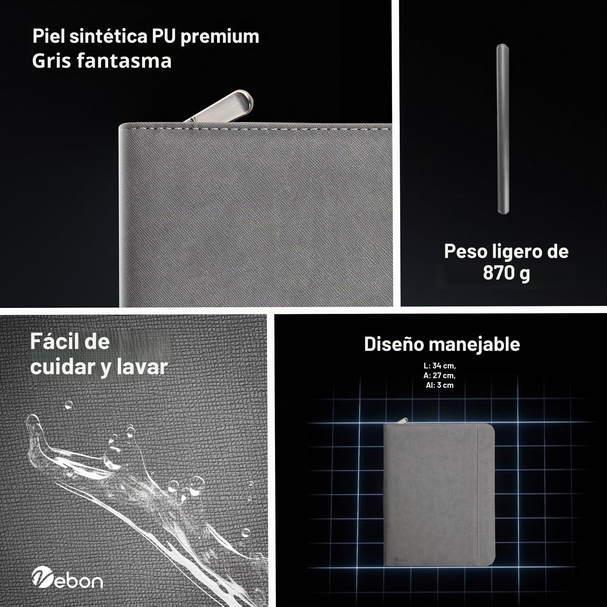 Vebon® Carpeta A4 grande "Roma" doble cremallera + portapapeles, carpeta de conferencias + bolsa para ordenador portátil, espacio extra, Negro Piel Sintética, Gris Fantasma