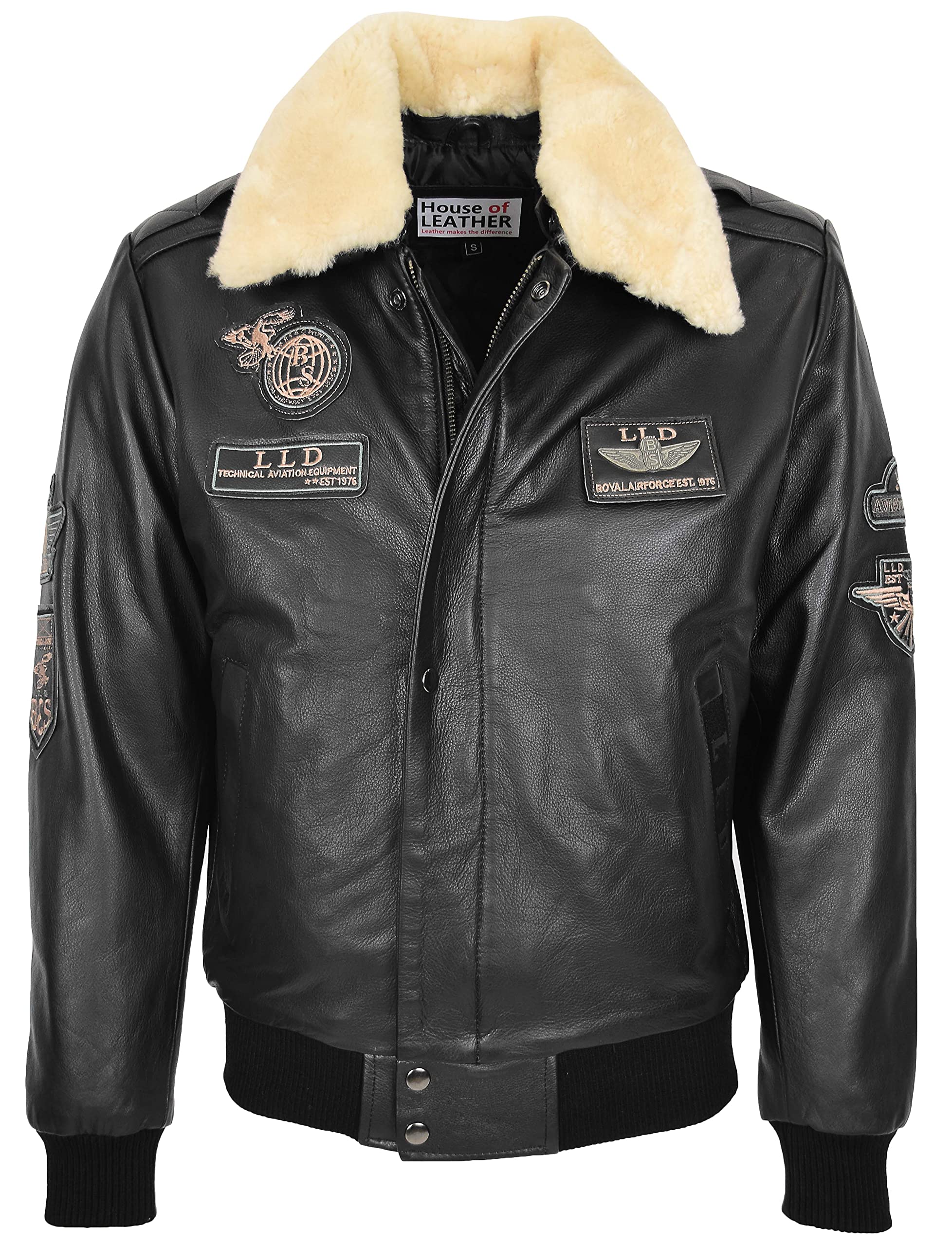 Mens Real Leather Bomber Jacket Detachable Collar Aviator Style Pilot-N (L, Black)