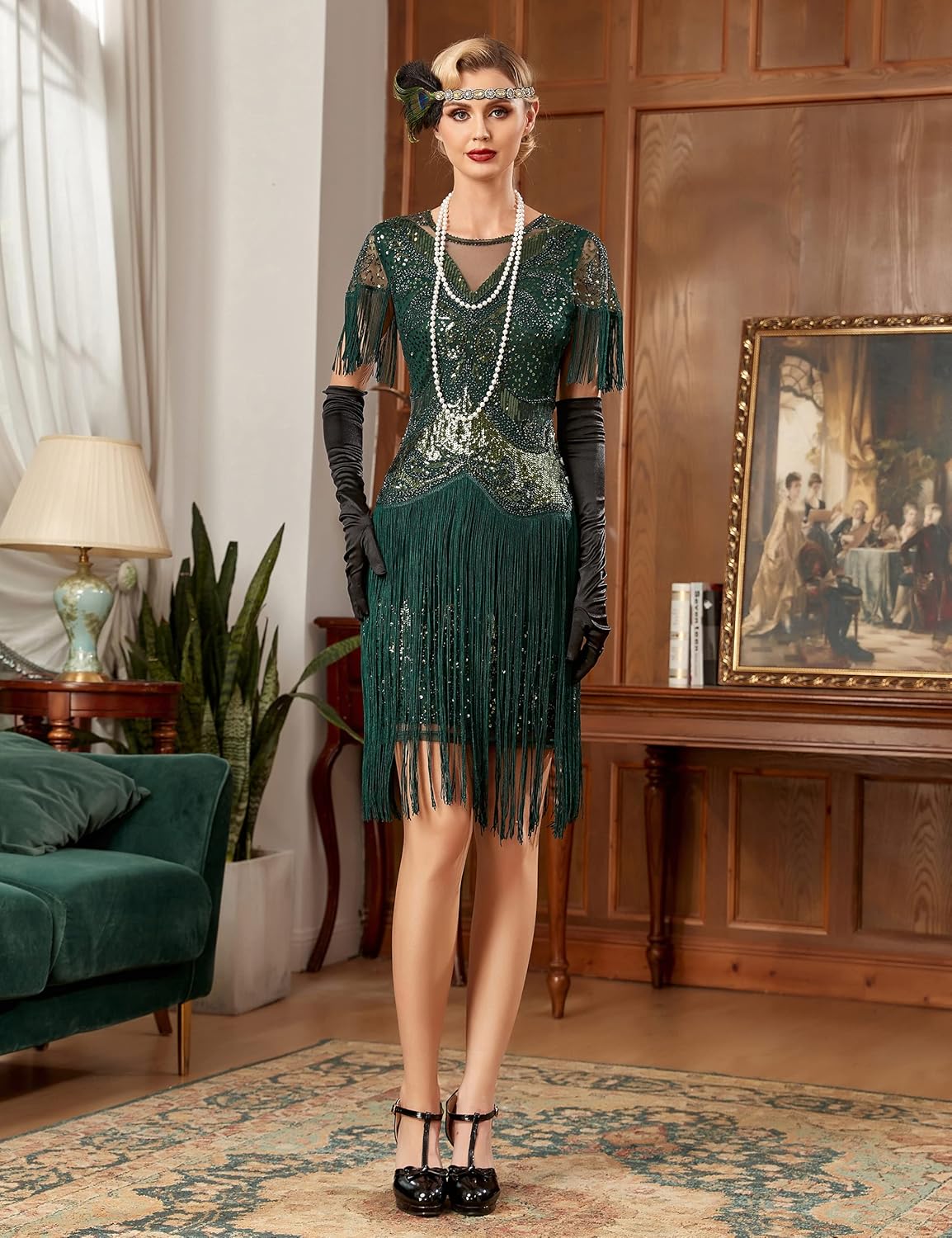 PrettyGuide Women's 1920s Gatsby Dress Long Fringe Vintage Sequin Art Deco Cocktail Flapper Dress with Sleeves - Image 3