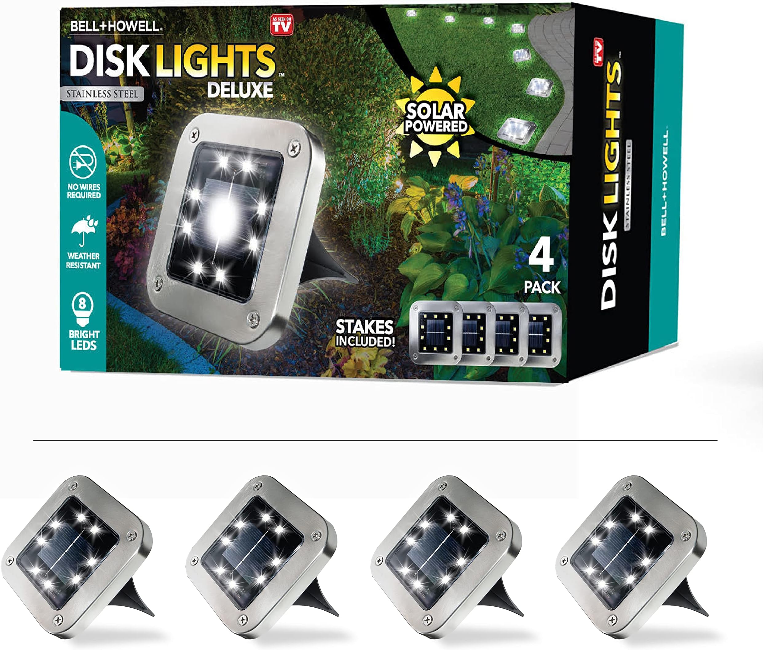 Bell+Howell Disk Lights Deluxe Solar Ground Lights - Wireless Auto On/Off Solar Pathway Garden Outdoor Lighting with 8 LED Bulbs for Lawn, Patio, Garden, Pathways, Waterproof, Square Design - 4 Pack
