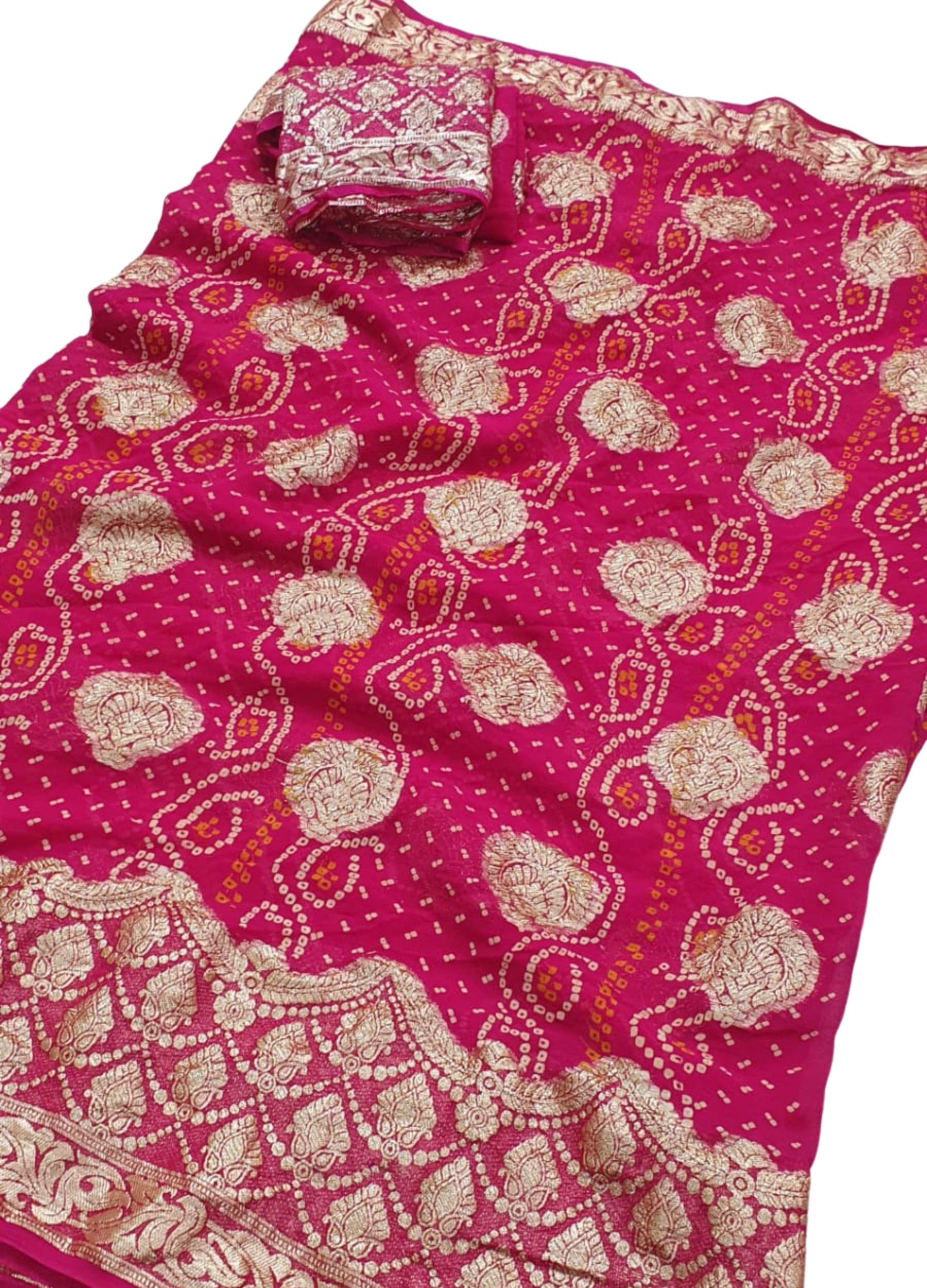 Women’s Ethnic Georgette Jari Buta Saree with Bandhej Print and Coordinated Blouse Piece Casual Wear-picture-41