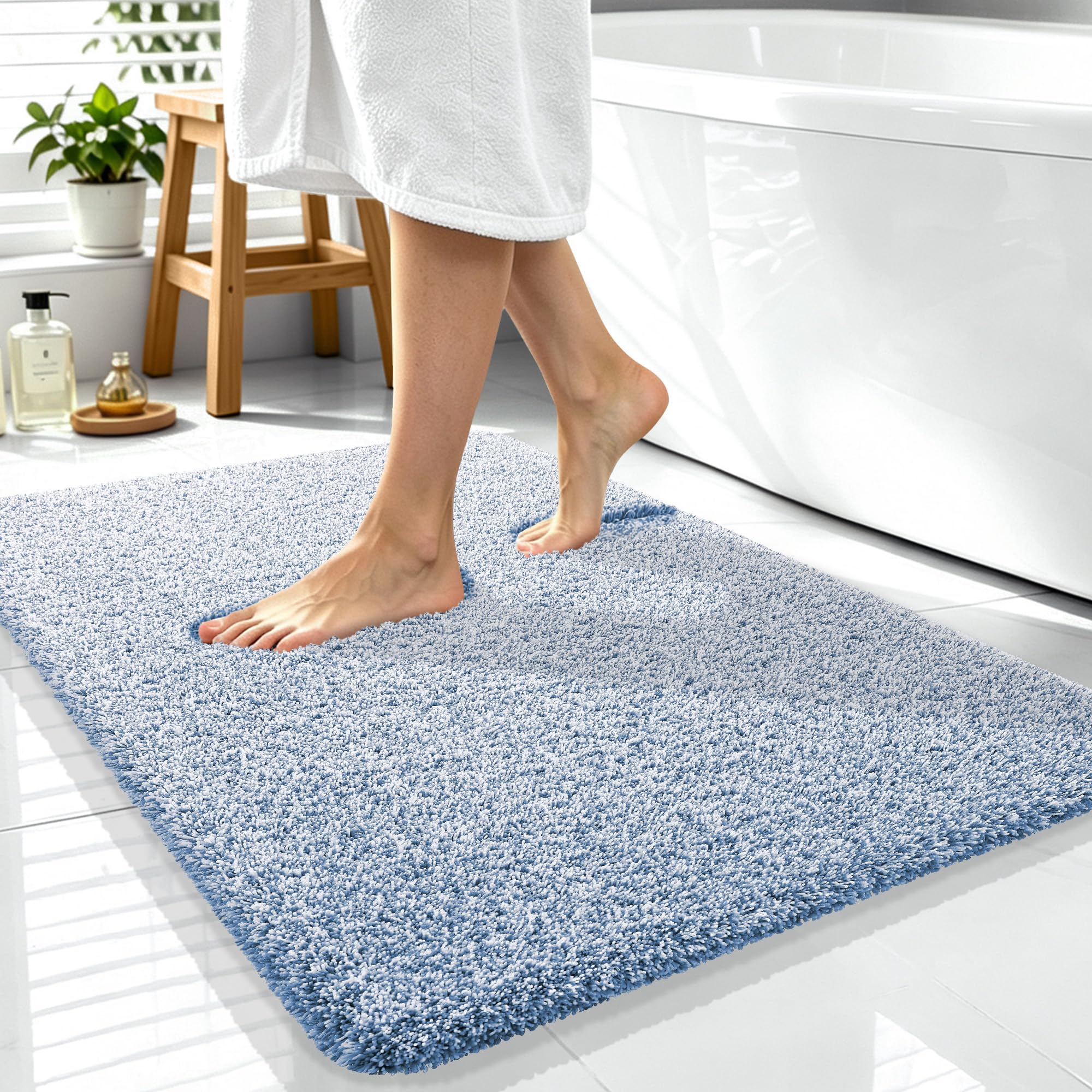 OLANLY Microfiber Soft Bathroom Rugs Mats 40x32, Cornflower Blue and White