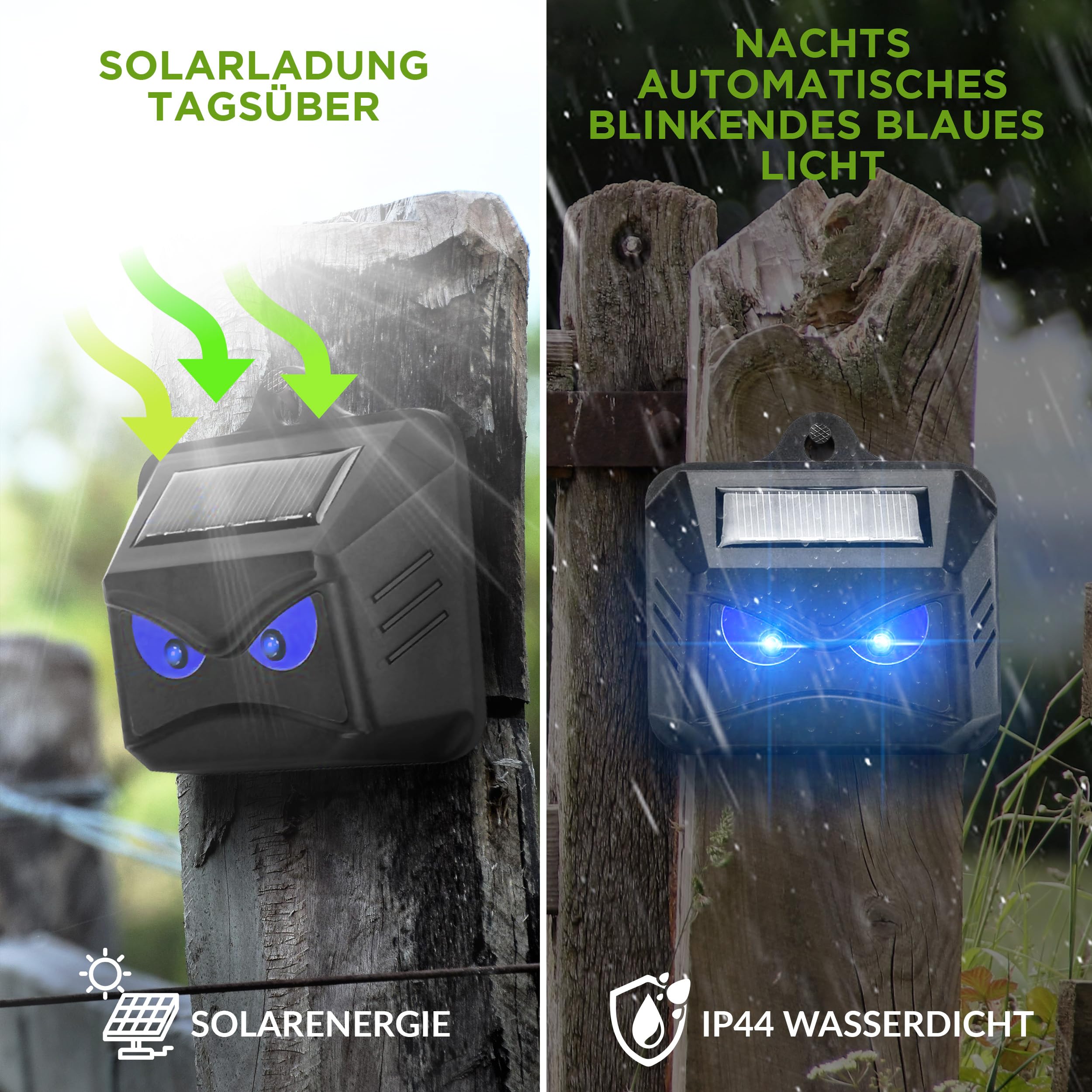 ISOTRONIC Solar Tiervertreiber zur Abwehr von Waschbären, Rehen, Füchsen & Wildschweinen – Wildtier Vertreiber mit blauem LED-Licht – effektive Tierabwehr mit 40m² Wirkungsbereich (4 Stück)