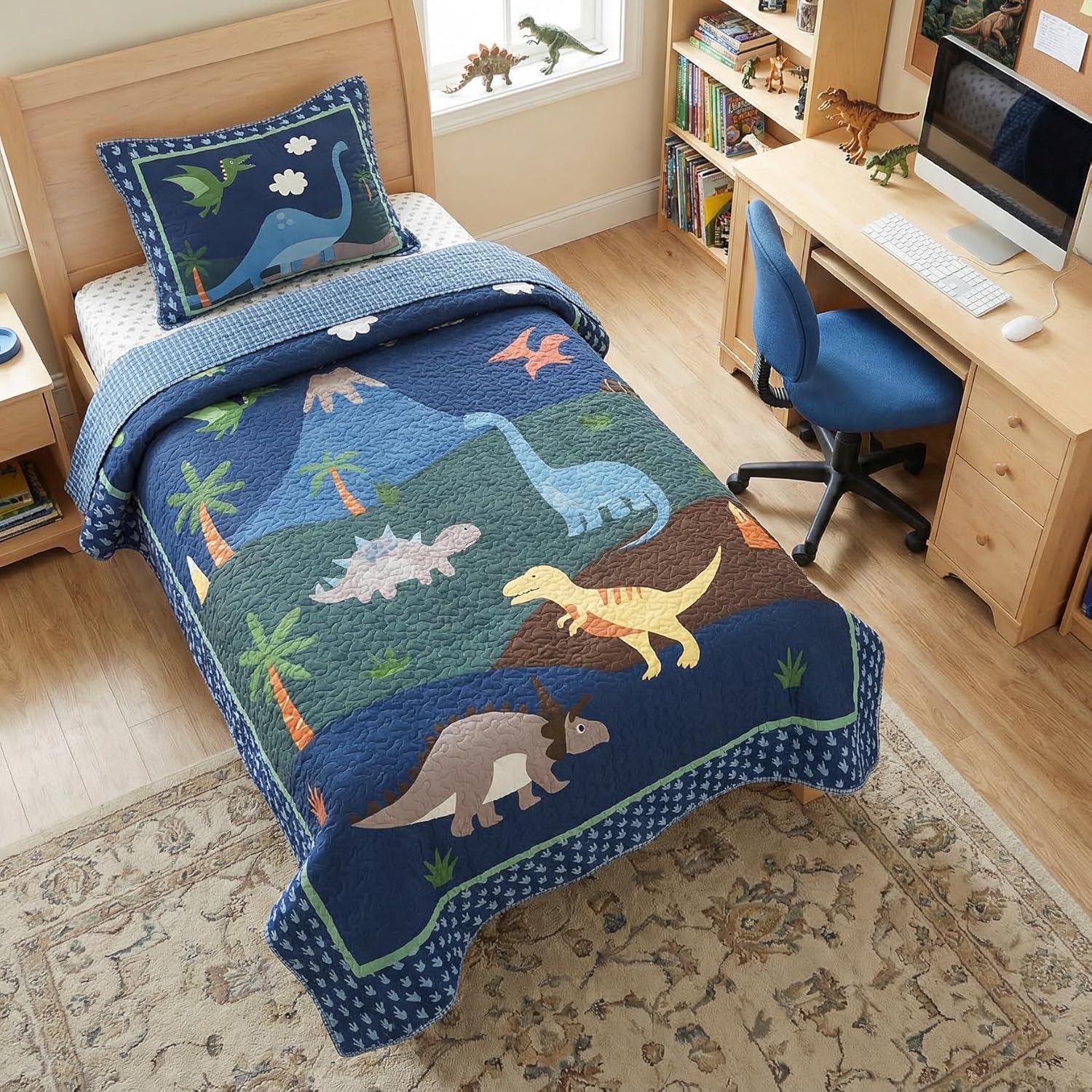 Soul & Lane Dinosaur Quilt Set – Twin and 1 Sham, Kids Dinosaur Bedding for Boys, Toddler Twin Comforter and Dino Bedspread, Reversible T-Rex Bedding with Blue Check Pattern, Dino Delight