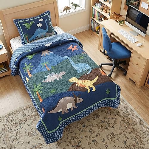 Soul & Lane Juego de Edredón de Dinosaurio – Individual y 1 Funda de Almohada, Ropa de Cama de Dinosaurios para Niños, Edredón Individual para Niños