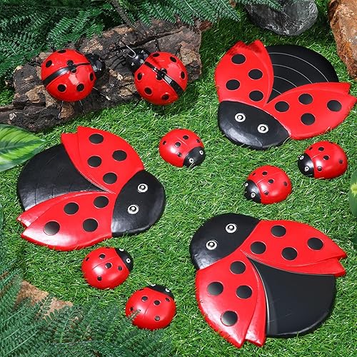 Hollowfly 10 Pcs Ladybugs Stones Decor for Outside Metal Ladybugs