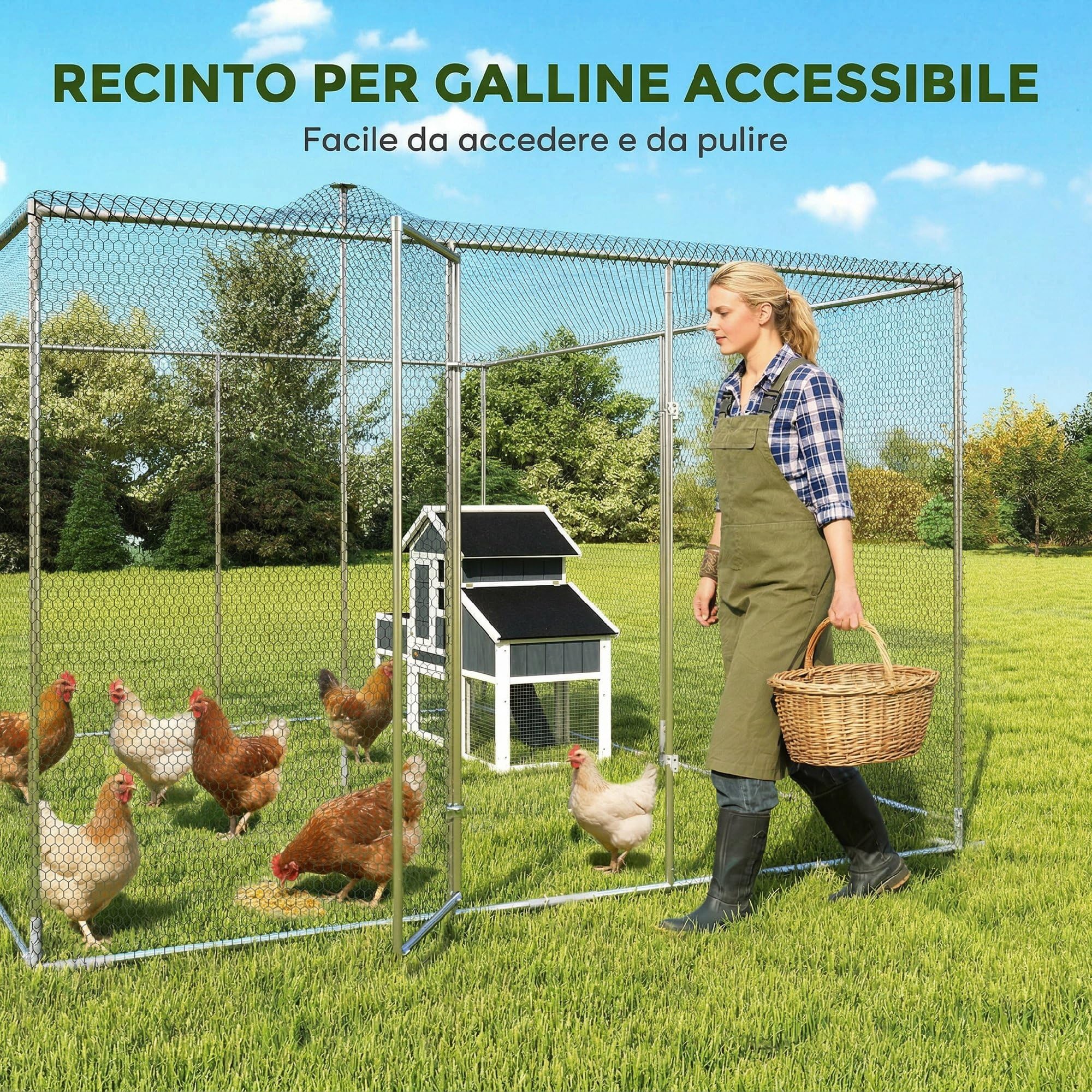 PawHut Pollaio per Galline da Esterno, 4x3x2 m 12m² Grande Recinto per 12-18 Galline in Acciaio Zincato con Porta e Doppi Serratura, Resistente, Gabbia per Polli, Piccoli Animali, Conigli, Anatre, Oca