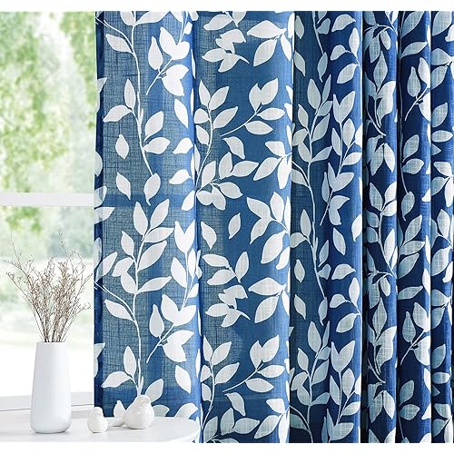 Treatmentex Navy and White Curtains for Bedroom 54" Length Leaf Print Curtains for Windows Semi-Sheers, Royal Blue Grommet Top Curtains, 2 Pack