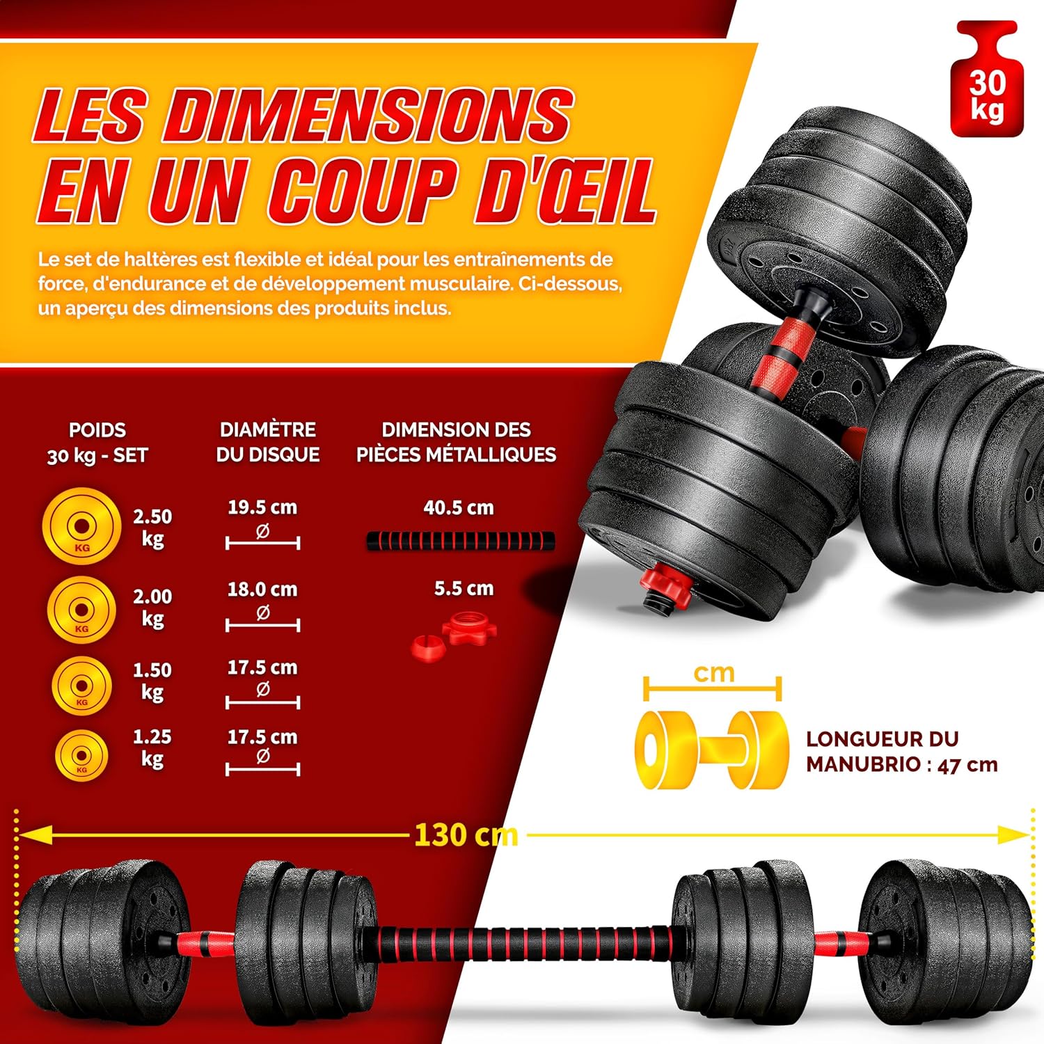 RE:SPORT Ensemble d’haltères 2 en 1 15-40 kg, réglables, haltères courts et longs, fermeture en étoile et tube de raccordement — vue 4