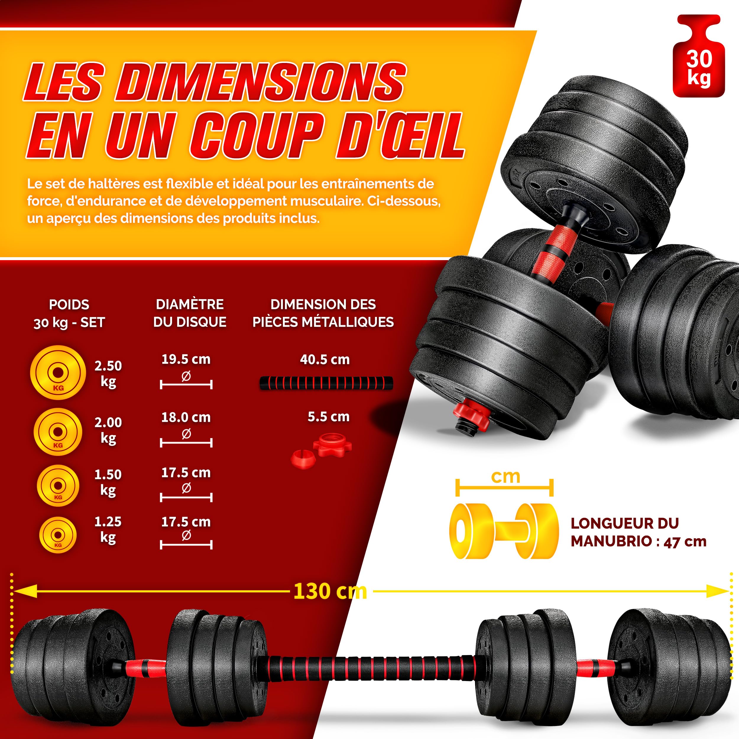 RE:SPORT Ensemble d’haltères 2 en 1 15-40 kg, réglables, haltères courts et longs, fermeture en étoile et tube de raccordement