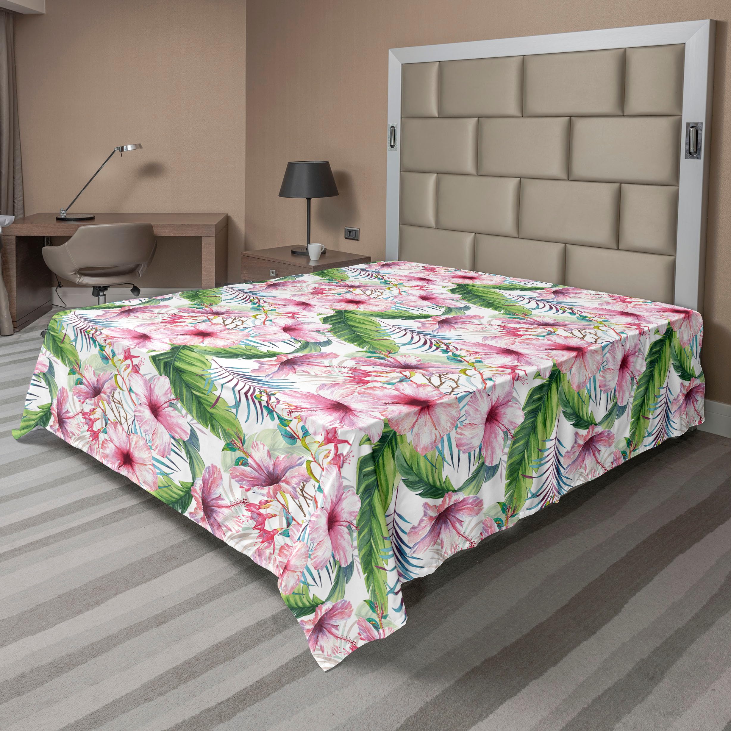 Ambesonne Hibiscus Flat Sheet, Exotics Feel Dreamy Jungle Flowers Boho Pattern with Leaves Greenery, Soft Comfortable Top Sheet Decorative Bedding 1 Piece, Queen Size, Fern Green Pastel Pink