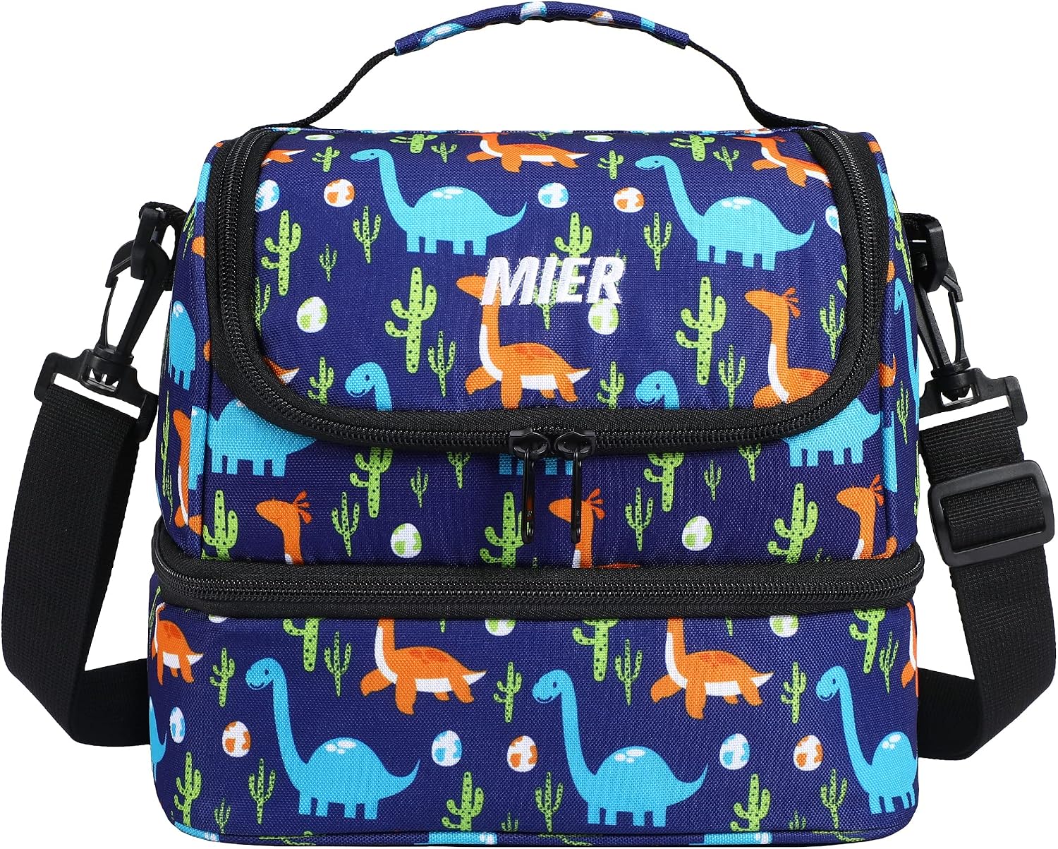 MIER 2 Compartment Kids Small Lunch Box Bag for Boys Girls Toddlers, Double Deck Leakproof Lunchbox Cooler Insulated Lunch Tote with Shoulder Strap (Blue-Dinosaur)