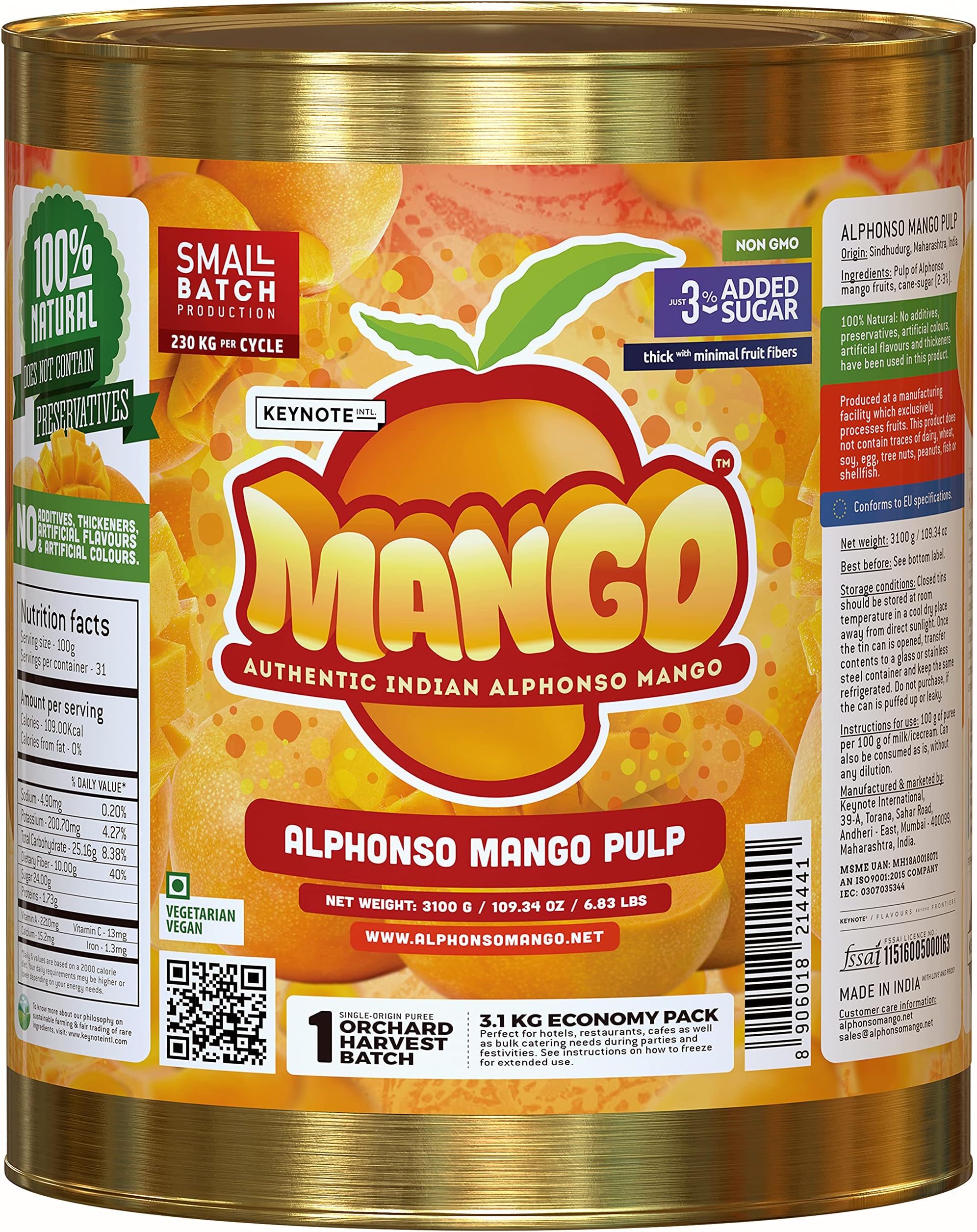 Keynote Alphonso Mango Pulp | GI Ratnagiri Mangoes | Laboratory Certified | Export Grade | Pulp with 3% Added Sugar 3100 g