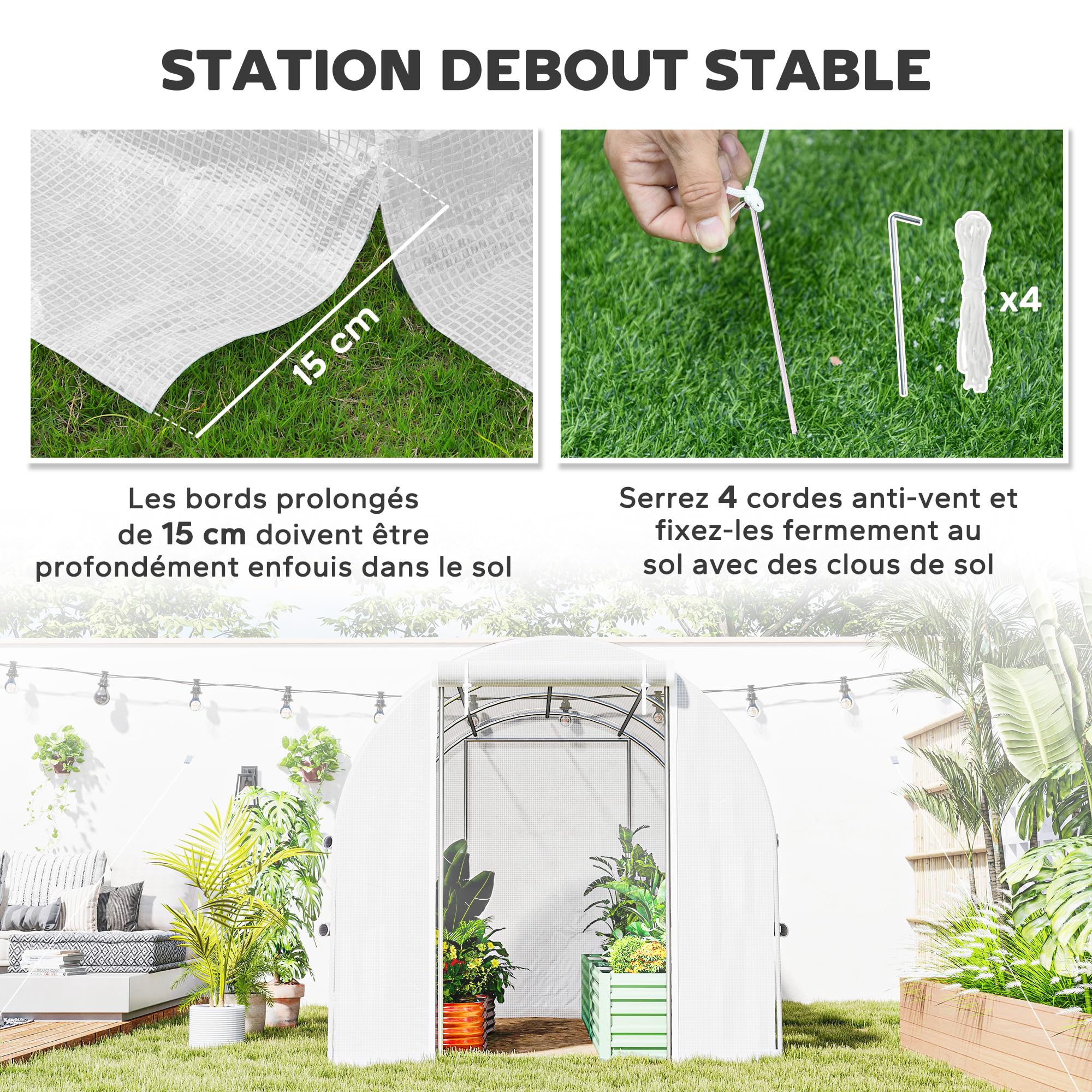Outsunny Serre de Jardin Tunnel, Serre Tunnel 6 m² avec 6 fenêtres et 1 Porte Enroulable, Toile PE Structure en Acier galvanisé, Blanc