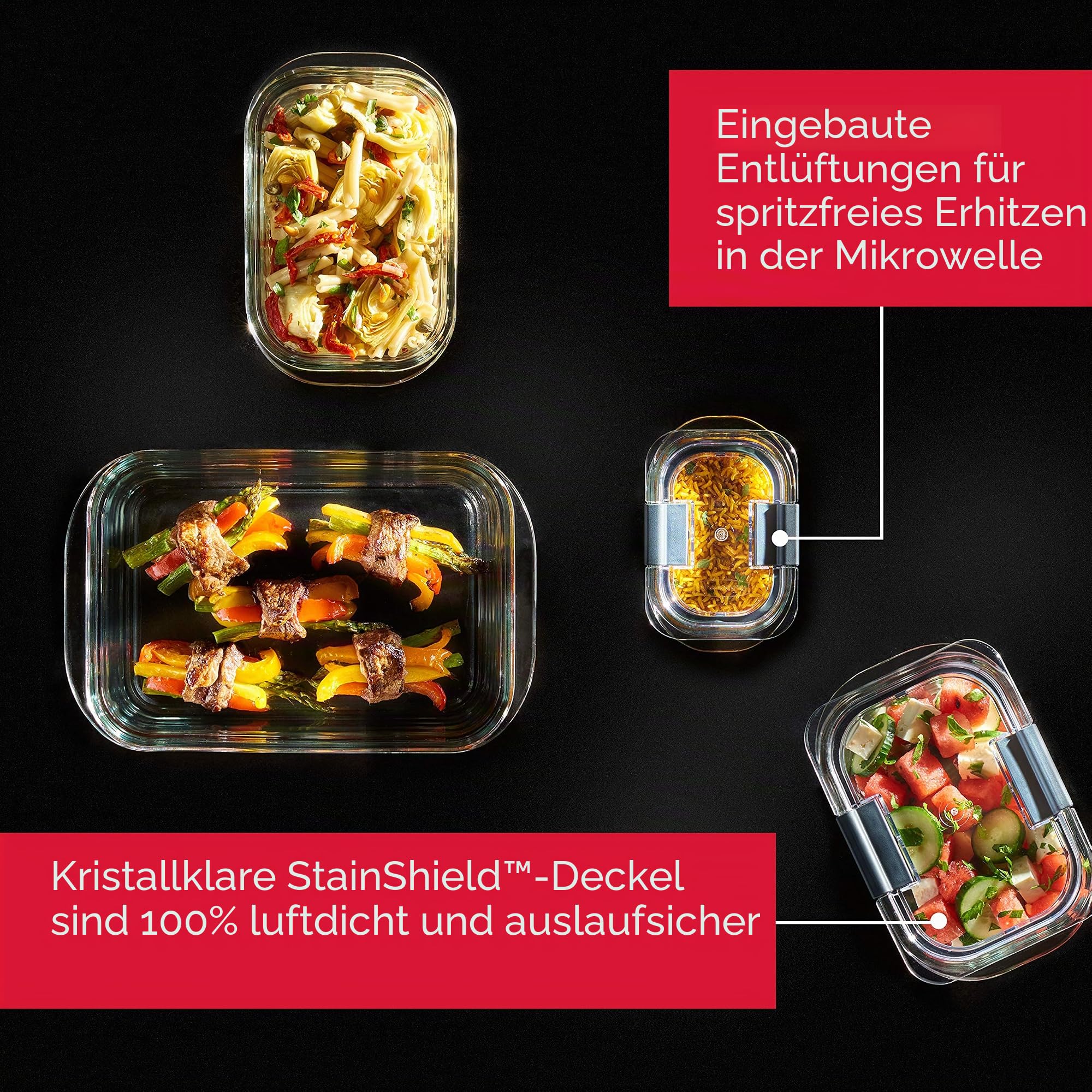 Rubbermaid 8-teilige Brillanzglas-Frischhaltedosen mit Deckel für Mittagessen, Mahlzeitenvorbereitung und Reste, spülmaschinen- und ofenfest, transparent/grau