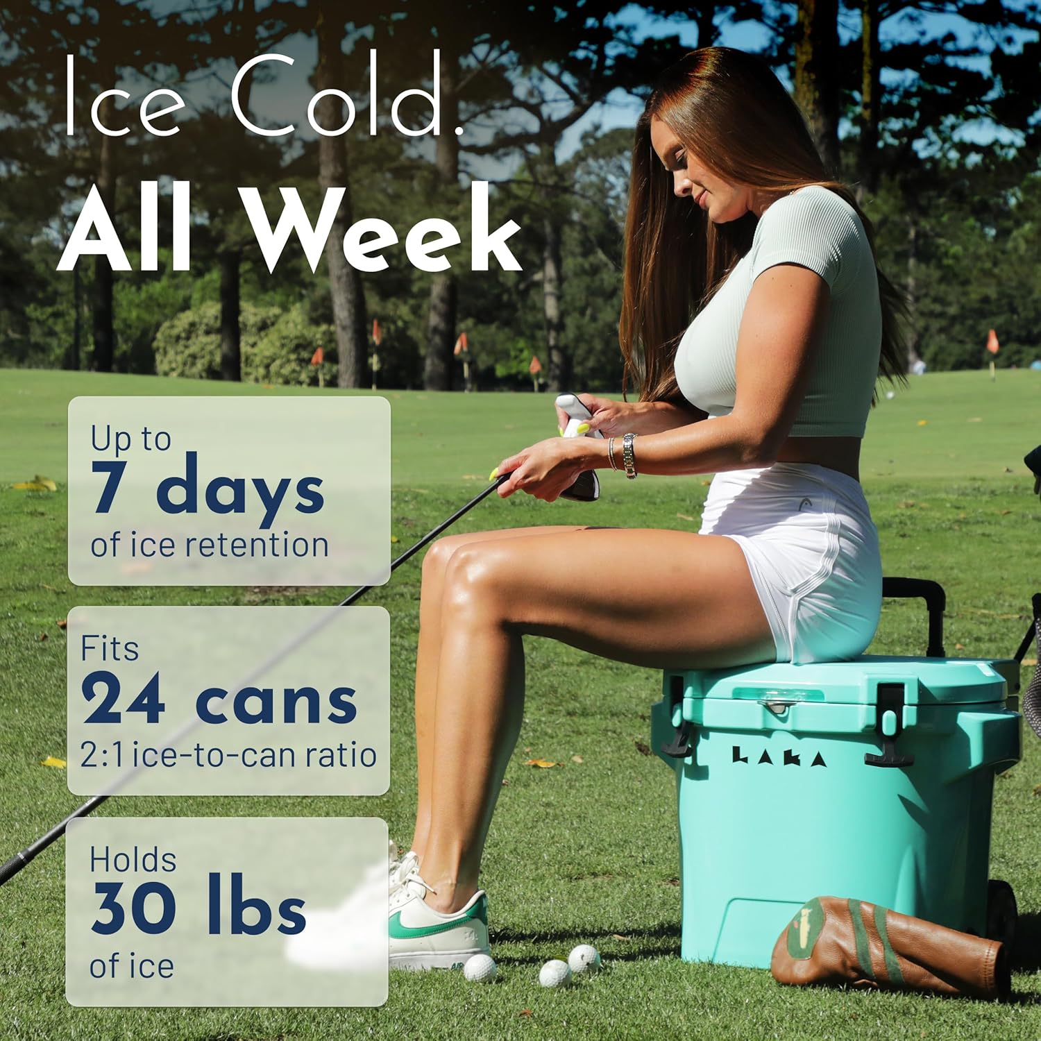 Laka Cooler with Wheels – 30QT Rotomolded Insulated Rolling Hard Cooler, Telescoping Handle, Holds 24 Cans + Ice, Up to 7 Days Cold, Drain Plug, Cup Holders + Bottle Opener, Beach/Camping/Boat