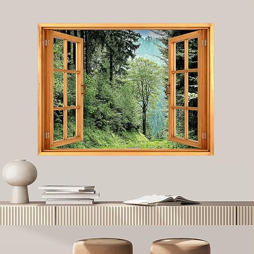SIGNWIN Adhesivo removible de paredmural de pared, vista de ventana, verde oscuro, bosque de montaña, árbol, naturaleza, desierto, fotografía,