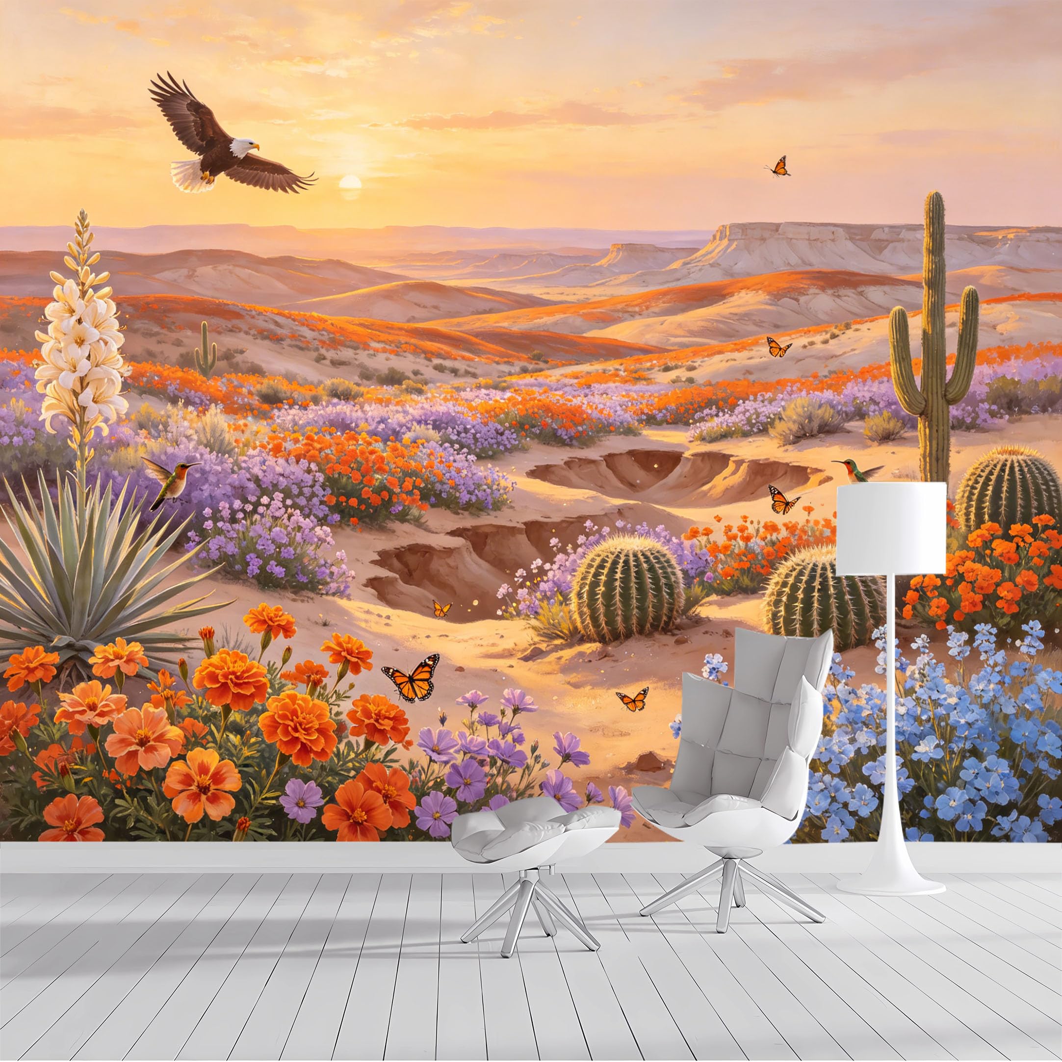 Custom Size Wall Mural Desert Landscape Eagle Hummingbird Floral Watercolor SelfAdhesive Wall Fabric Removable Peel and Stick Wallpaper Wall Decor for Living Room Bedroom Bathroom