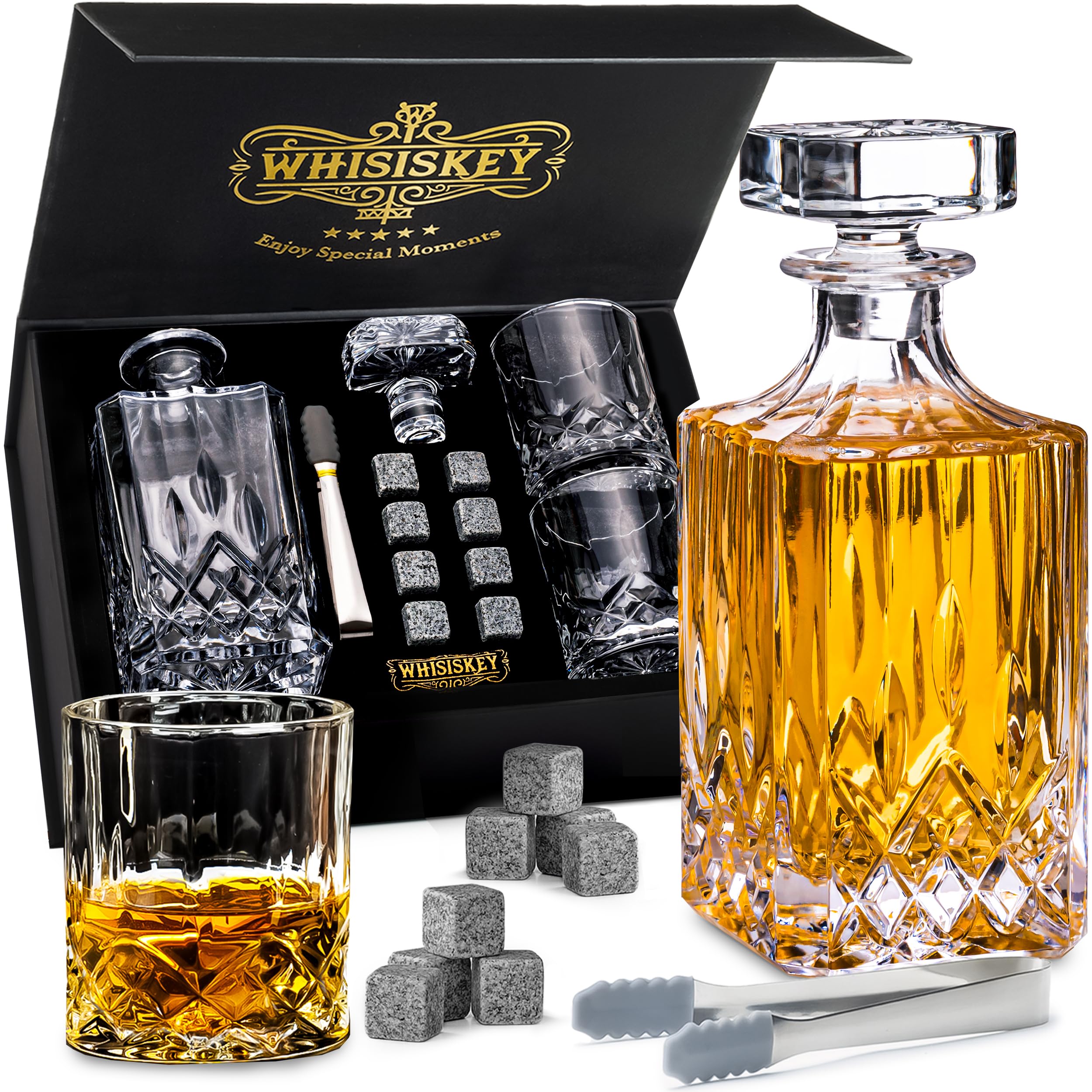 WHISISKEY Decantador de Whisky - Jarra de Whisky 700ml - Set de Regalo | Regalos Originales para Hombres - 2 Vasos de Whiskey x 310ML, 8 Piedras de Whisky, Accesorios - Set de Regalo de Whisky
