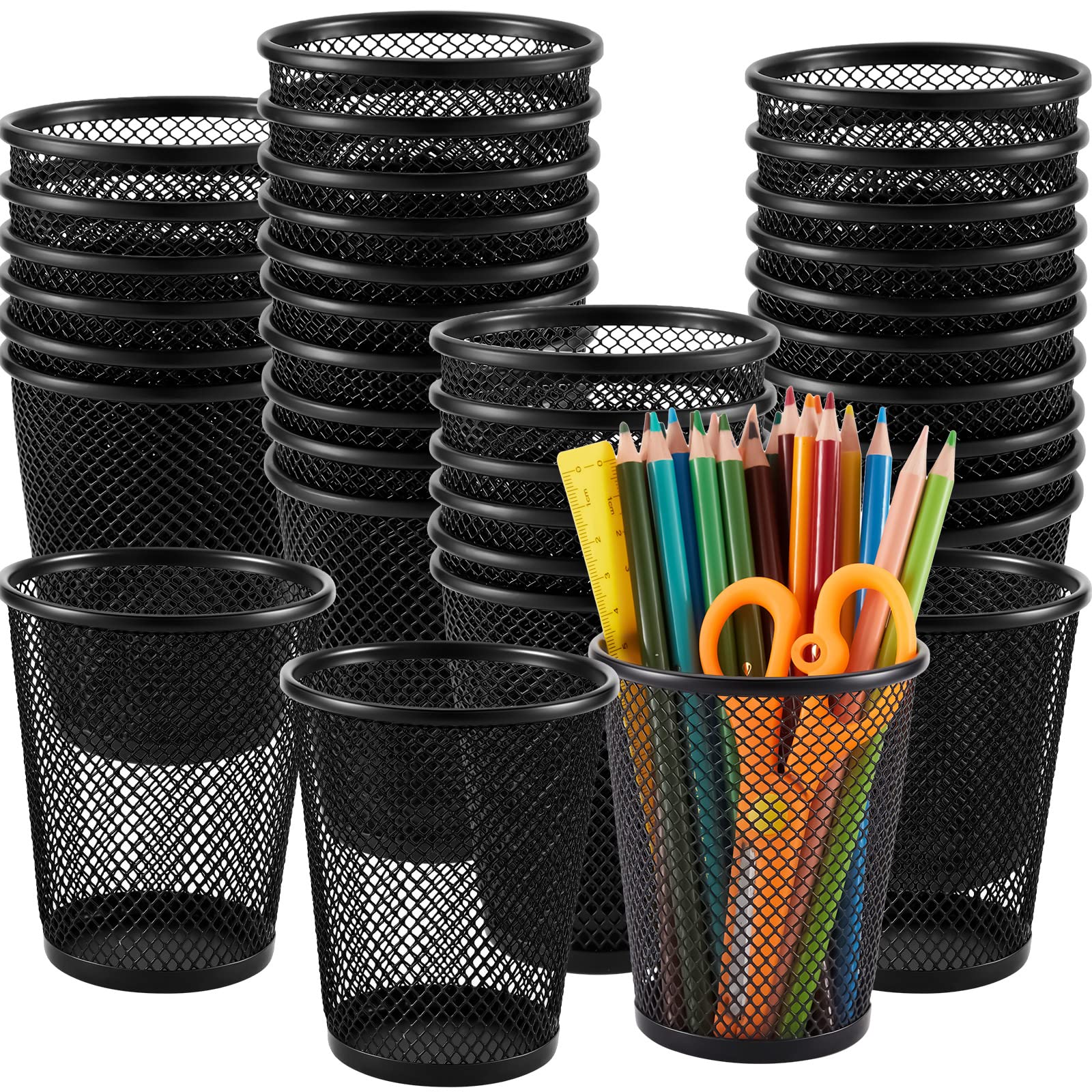 Henoyso 36 Pack Mesh Pencil Holder Wire Mesh Pen Cup Black Pen Holder for Desk Metal Pen Organizer Pencil Cup Marker Holder Makeup Brush Holders for