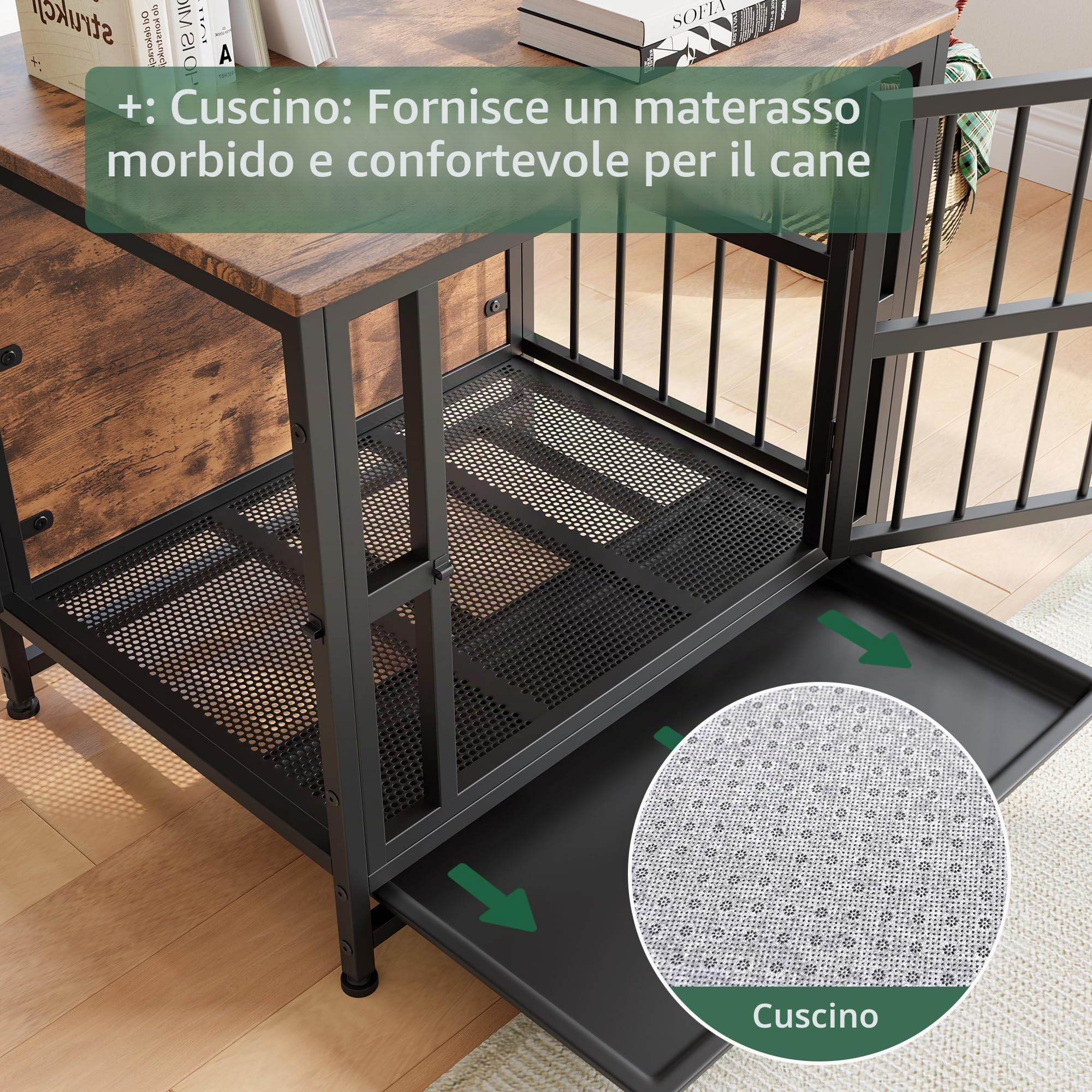 Gabbia per cani in legno robusto con 2 porte, vassoio rimovibile, tavolino resistente alla masticazione, marrone rustico 70 cm