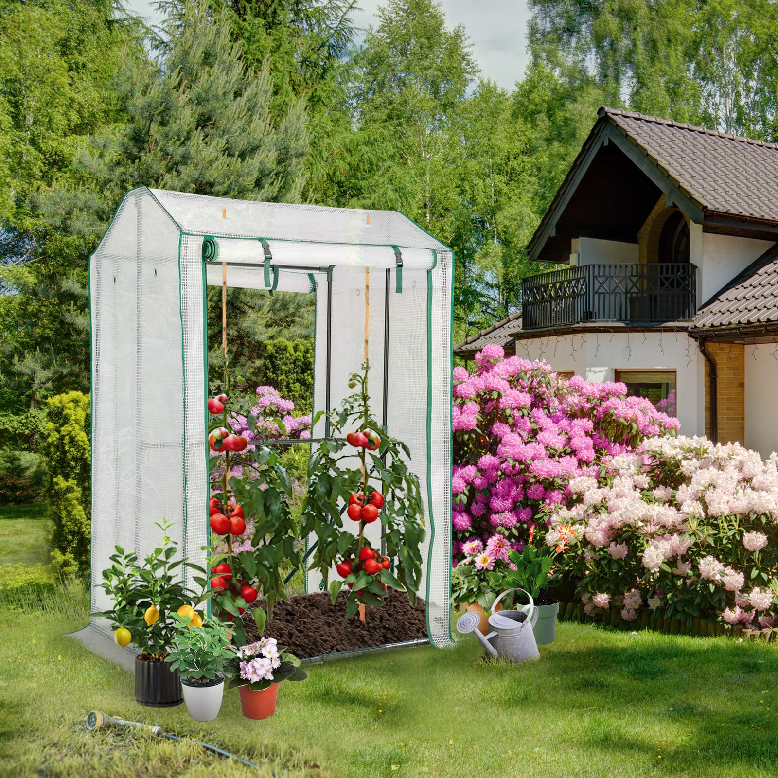 HOMASIS Serra in Pellicola Con Porta Avvolgibile, 100 x 81 x 150 cm, Serra da Giardino per Piante, in Polietilene e Metallo, per Balcone e Terrazza