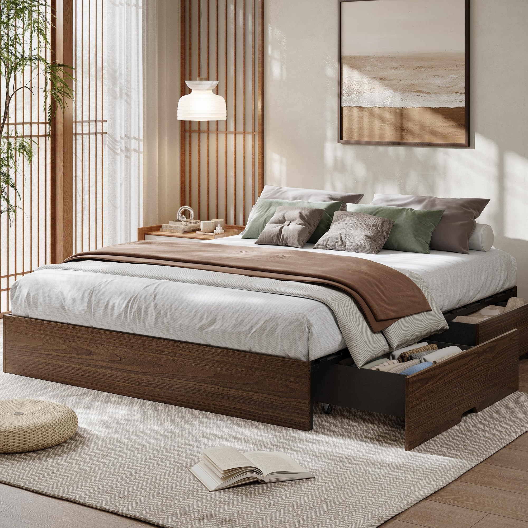 GarveeHome Wood Platform Bed Frame, King Bed Frame with 2 Drawers