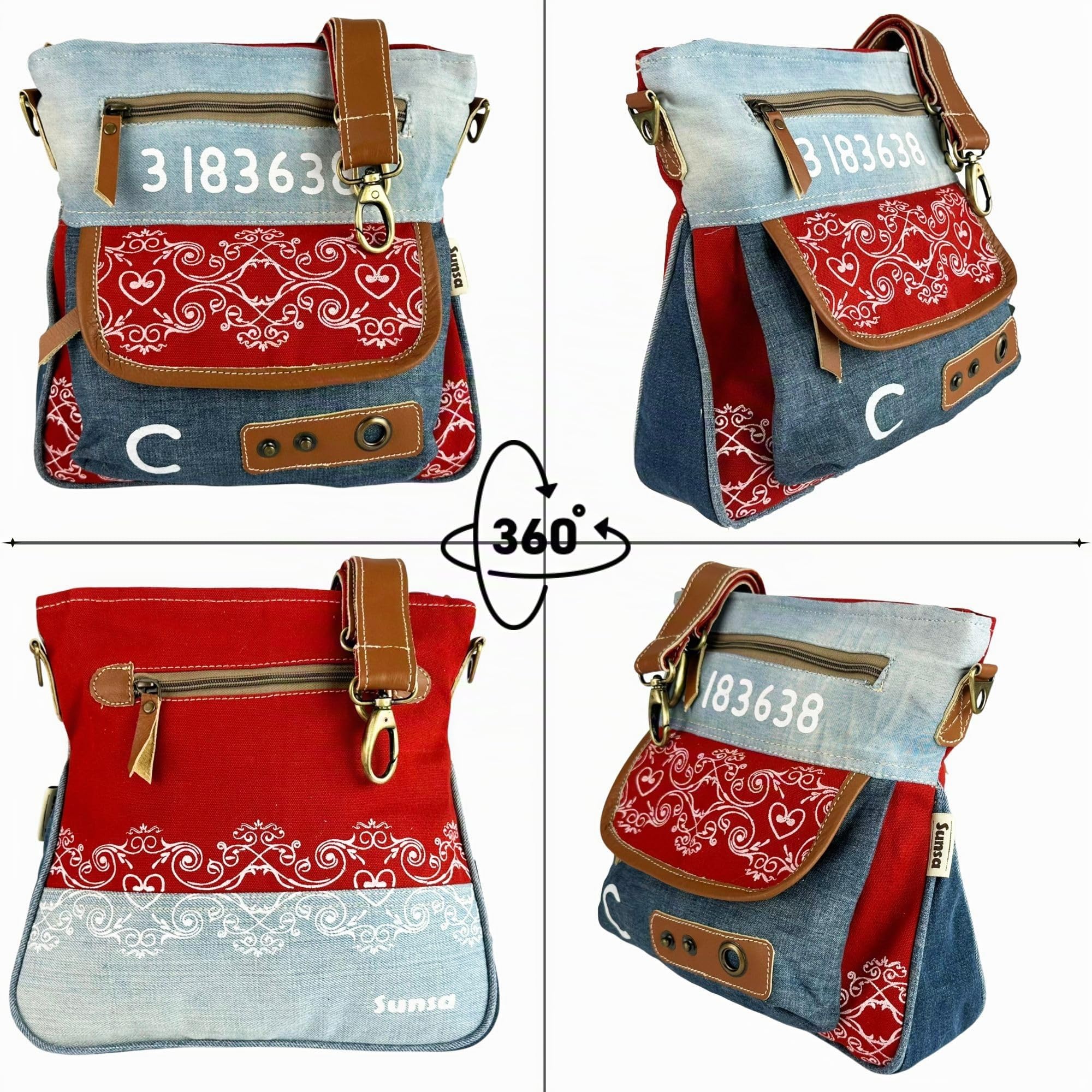 Sunsa Damen Umhängetasche. Nachhaltige Tasche aus recycelte Jeans & Canvas