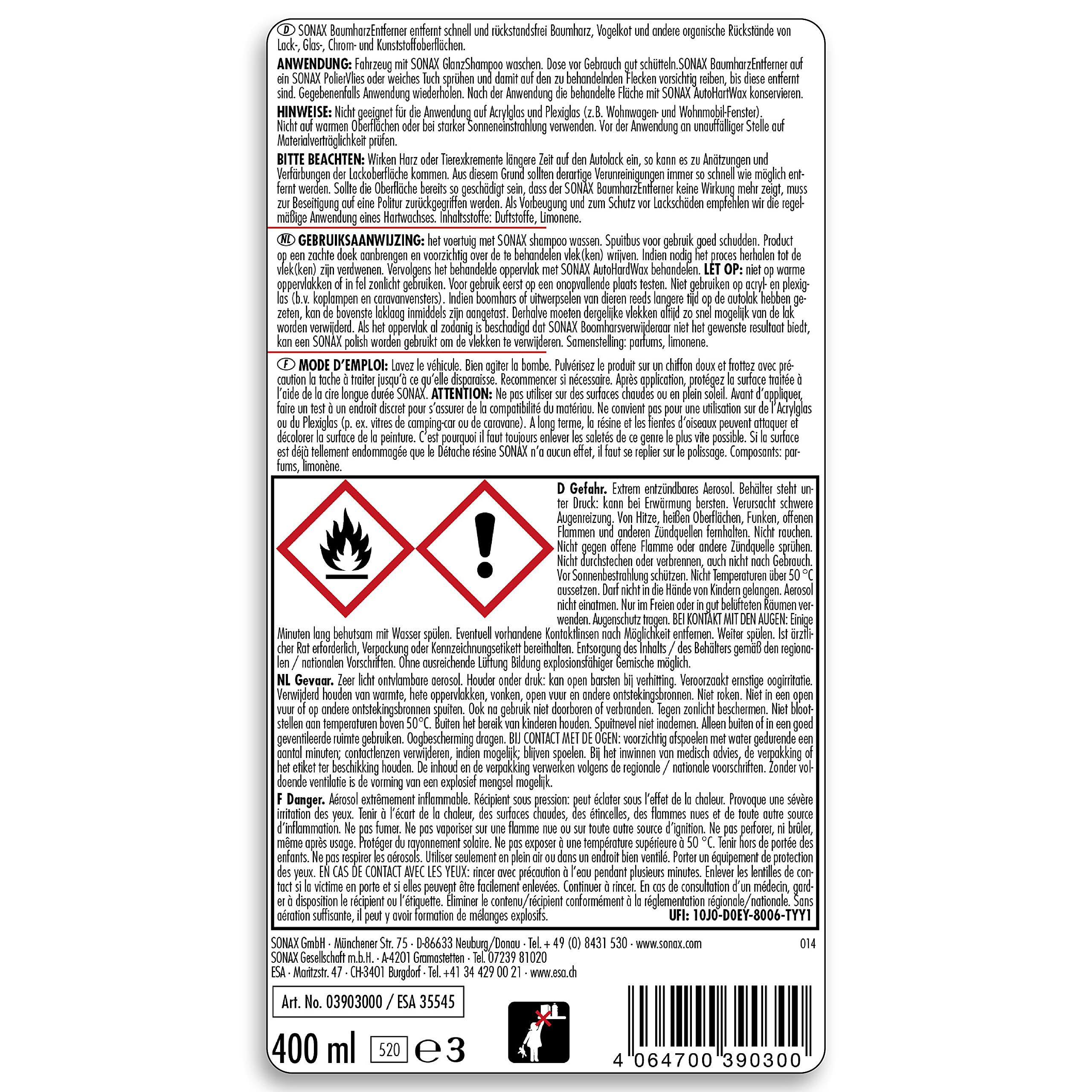 Image secondaire de SONAX Détache résine (400 ml) pour élimination sans résidus de résine & fientes d’oiseaux | Réf: 03903000