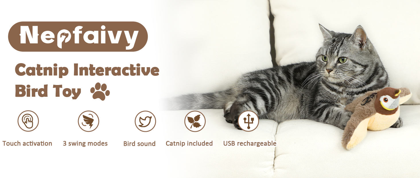 Jouet Oiseau Piper Tomi – Interactif, Bat Des Ailes Et Gazouille – Détecteur De Mouvement – USB Rechargeable – Anti-Stress Chat