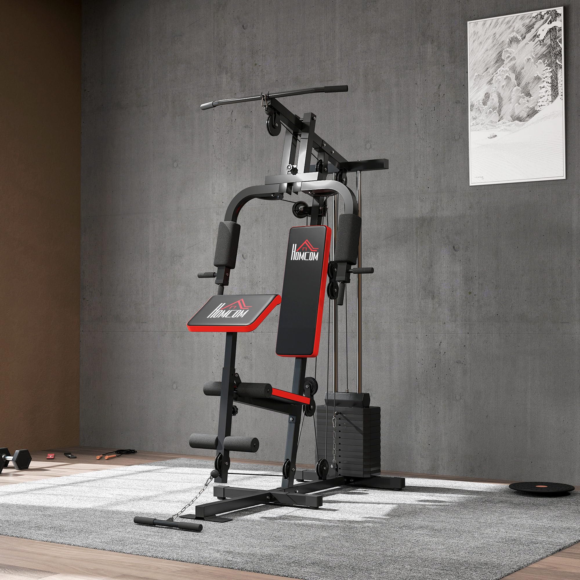 HOMCOM Multiestación de Musculación con Barra Pulldown, Press de Pecho, Prensa de Piernas, Banco Predicador, Placas de Peso 65 kg Máquina de Musculación para Entrenamiento Fitness en Hogar Gimnasio