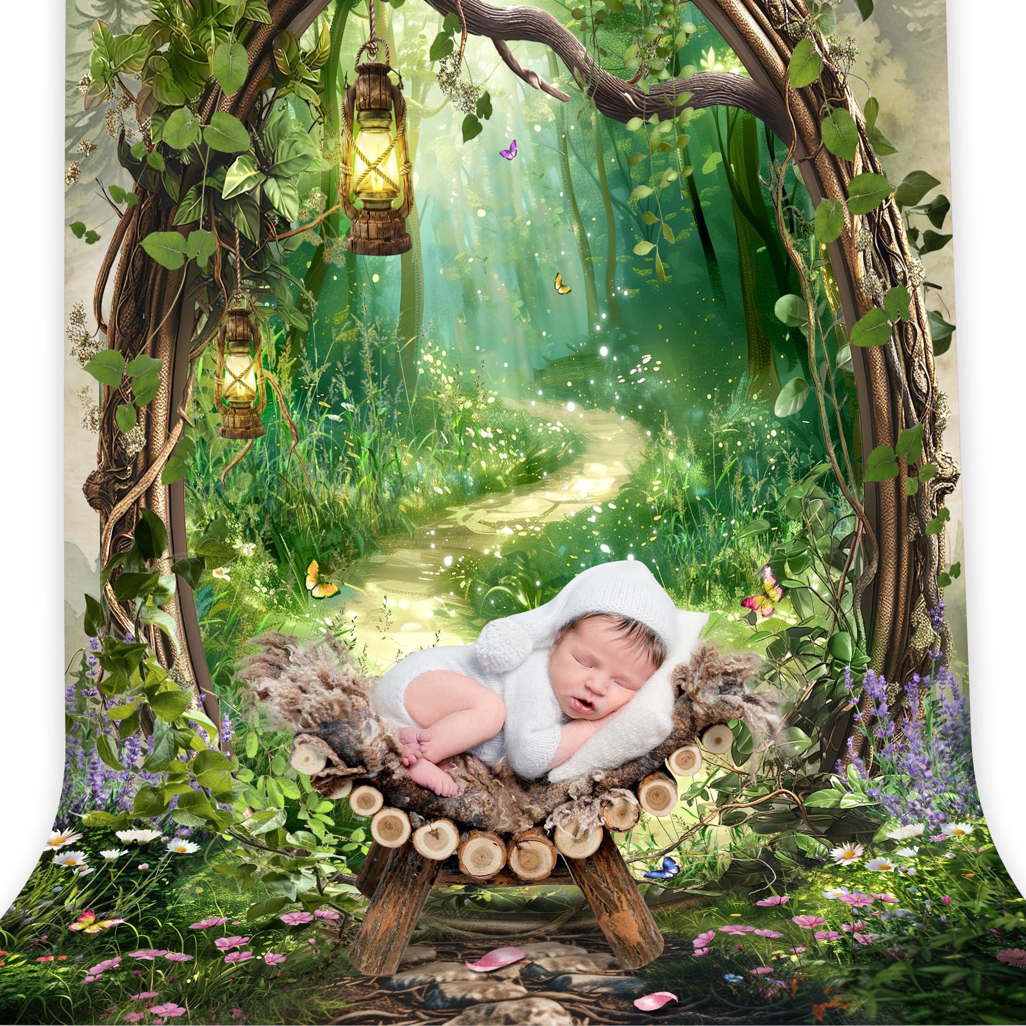 Omifly Moon Night Backdrop 5Wx7H for Photography Fairy Blue Sky Sea Full Moon Scene Seaside Enchanted Misty Woodland Background Party Decorations Cake Table Banner Decor Photo Booth Studio Prop: A-03green 5Wx7H